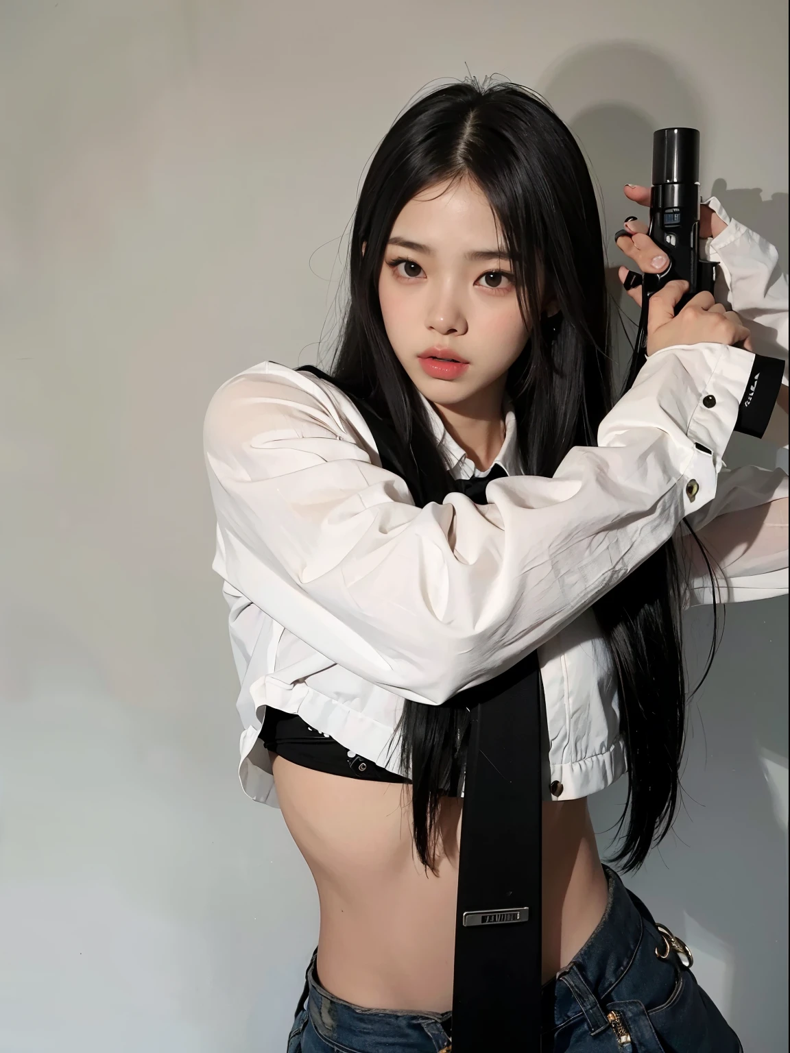 There is a woman holding a gun and posing for a photo, com pistola, Xisionwu, jennie blackpink, Asian girl, Menina coreana, com fuzil, Asian girl with long hair, Menina chinesa, beautiful chinese model, young asian, Fotografando Pose, Japanese model, modelo do instagram, 2 Modelo feminina de 4 anos, Pose casual, com cabelos longos, an Asian woman