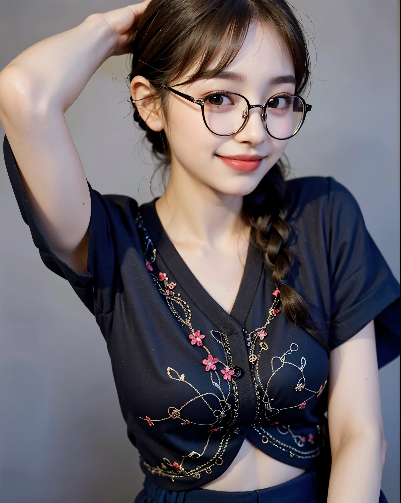 Top quality, one beautiful woman, 20 years old, 35mm lens, f/1, dark brown eyes, glasses, braids, black hair, pale skin, medium chest, slendar body, (look at viewer:1.5), (smile:1.5)