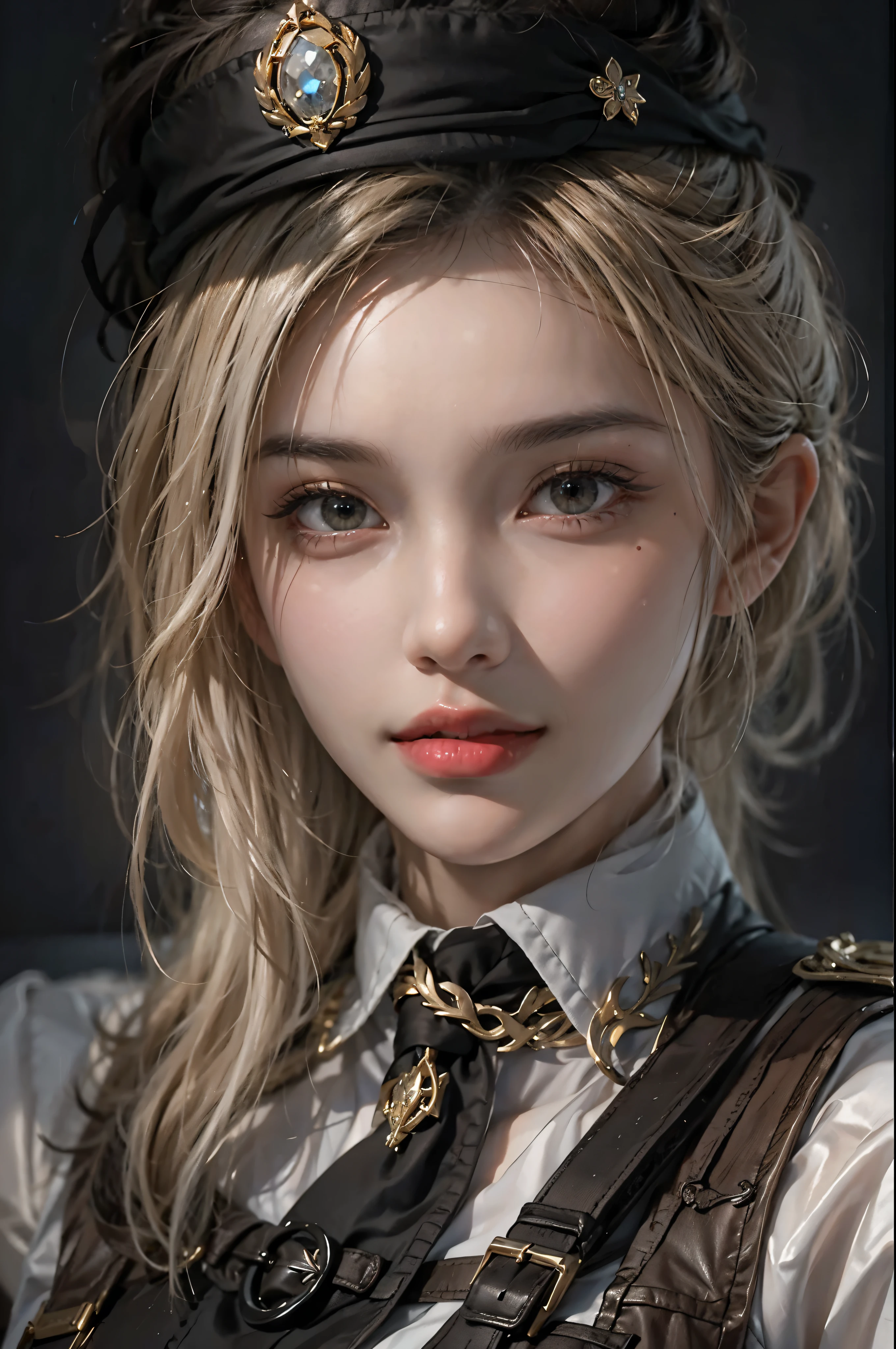 realistic, High resolution, soft light,1 female, alone, hip up, glowing skin, (detailed face),tattoo, jewelry, Secretarial Uniform, white shirt, black skirt, black stockings, garter belt, night, blonde hair, wavy hair, Beautiful Soldier, Eyes that invite the viewer, lover&#39;s perspective, an inviting look, sexy smile, perfect style, perfect balance, fine skin, naughty look, I can see your chest