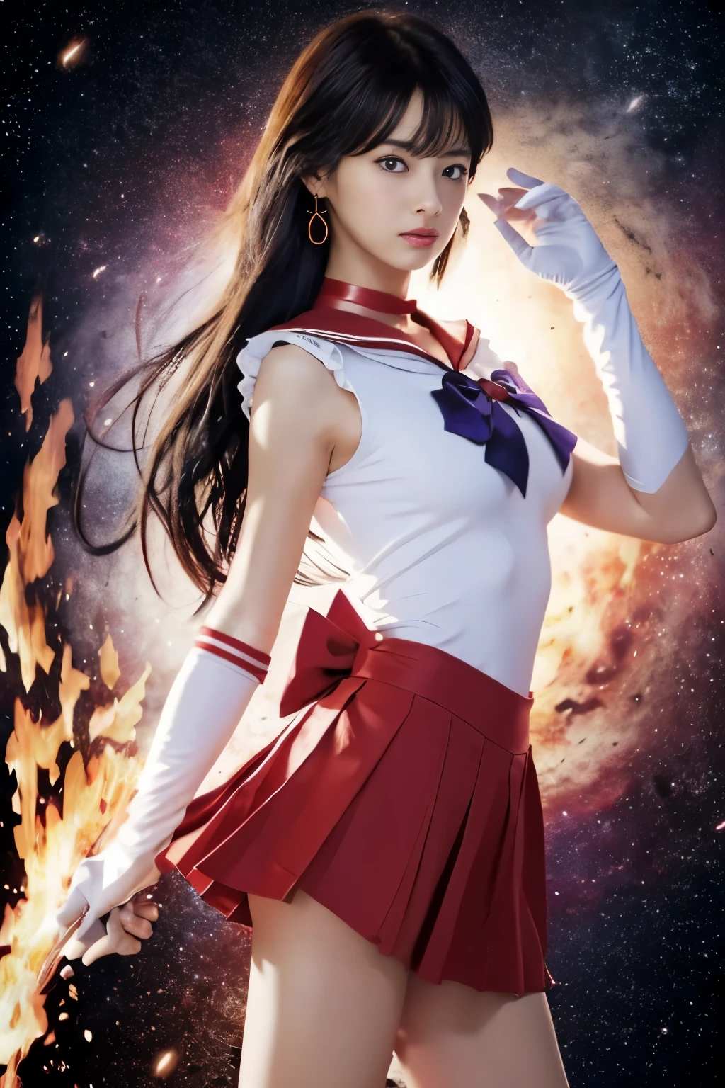 ((HD Real, SAMA1 Level)), Extreme Real, masterpiece, highest quality, High resolution, SAMA1, space, stunning beauty, upper body shot, 1 girl, chest, gloves, lips, alone, Sailor Mards, purple eyes, SM uniform, See more1, tiara, Sailor Senshi Uniform, (RAW photo, highest quality), masterpiece, 浮かぶ長いblack hair, Red sailor color, bow, choker, 白いgloves, red choker, 肘用gloves, jewelry, earrings,tiara, red skirt, only, whole body, black hair, (perfect hands): 3.8, octane rendering, goddess of fire, (close: 1.2) in detail, beautiful eyes, close, small eyes, look viewer, to8 contrast style, Octane line art, space background, Mards, flames floating around her, Red Flame, intensegaze, sharp eyes, Hands lowered