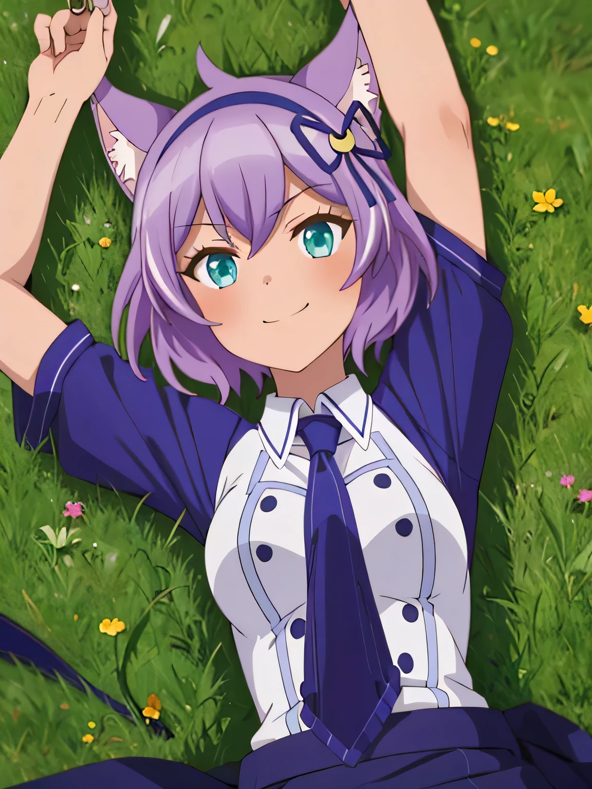 (((pixel-perfect, detail-perfect))), solo, 1girl,  ruhuyu, short sleeves, necktie, looking at viewer, closed mouth, spread arms, arms up, on back, on grass, looking at viewer, solo, center, smile,