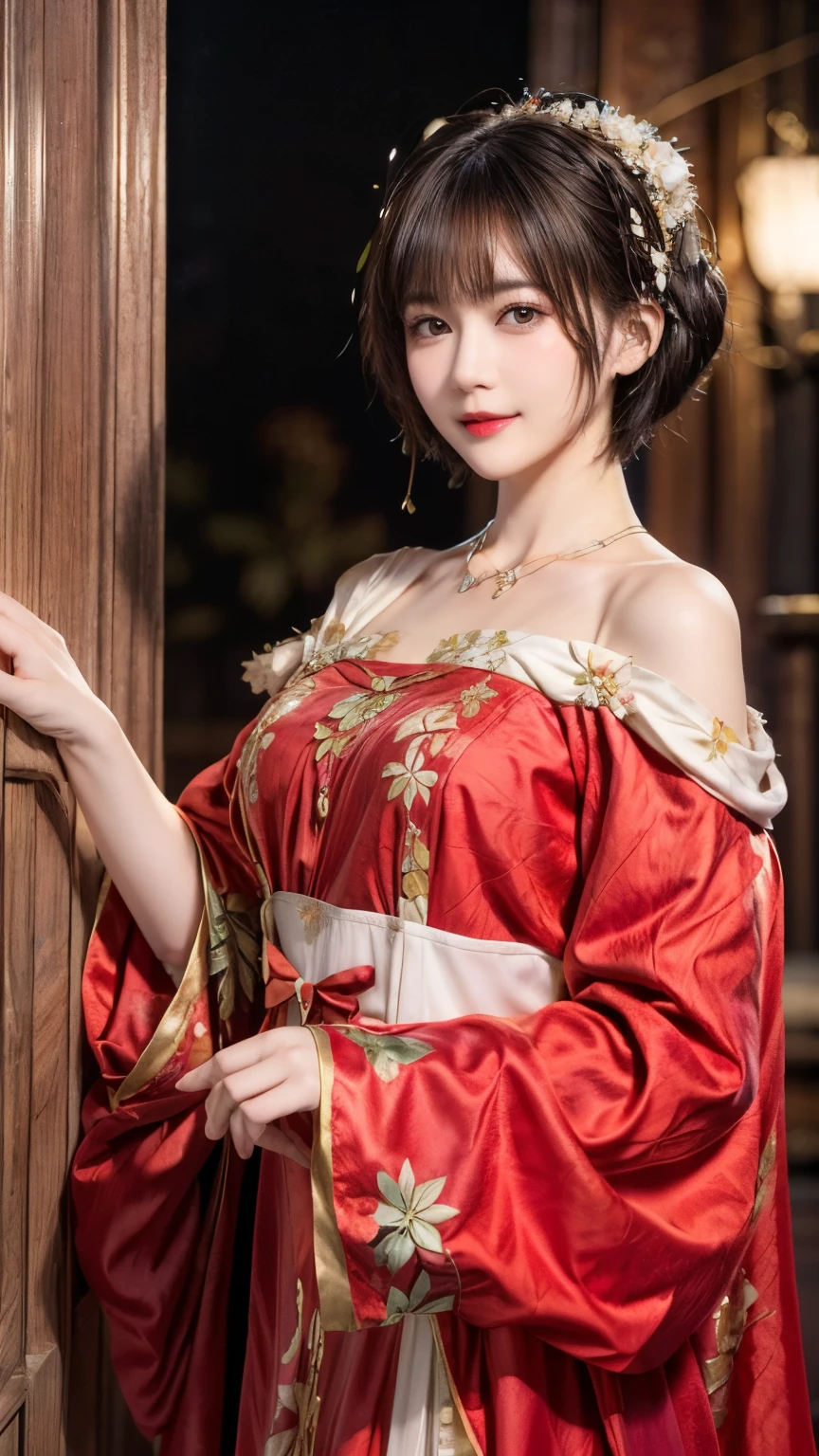 148
(20 year old woman,Floral costume), (surreal), (High resolution), ((beautiful hairstyle 46)), ((short hair:1.46)), (gentle smile), (breasted:1.1), (lipstick)
