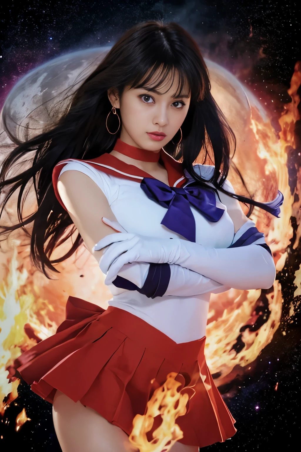 ((HD Real, SAMA1 Level)), Extreme Real, masterpiece, highest quality, High resolution, SAMA1, space, stunning beauty, upper body shot, 1 girl, chest, gloves, lips, alone, Sailor Mards, purple eyes, SM uniform, See more1, tiara, Sailor Senshi Uniform, (RAW photo, highest quality), masterpiece, 浮かぶ長いblack hair, Red sailor color, bow, choker, 白いgloves, red choker, 肘用gloves, jewelry, earrings,tiara, red skirt, only, whole body, black hair, (perfect hands): 3.8, octane rendering, goddess of fire, (close: 1.2) in detail, beautiful eyes, close, small eyes, look viewer, to8 contrast style, Octane line art, space background, Mards, flames floating around her, Red Flame, intensegaze, sharp eyes, Hands lowered