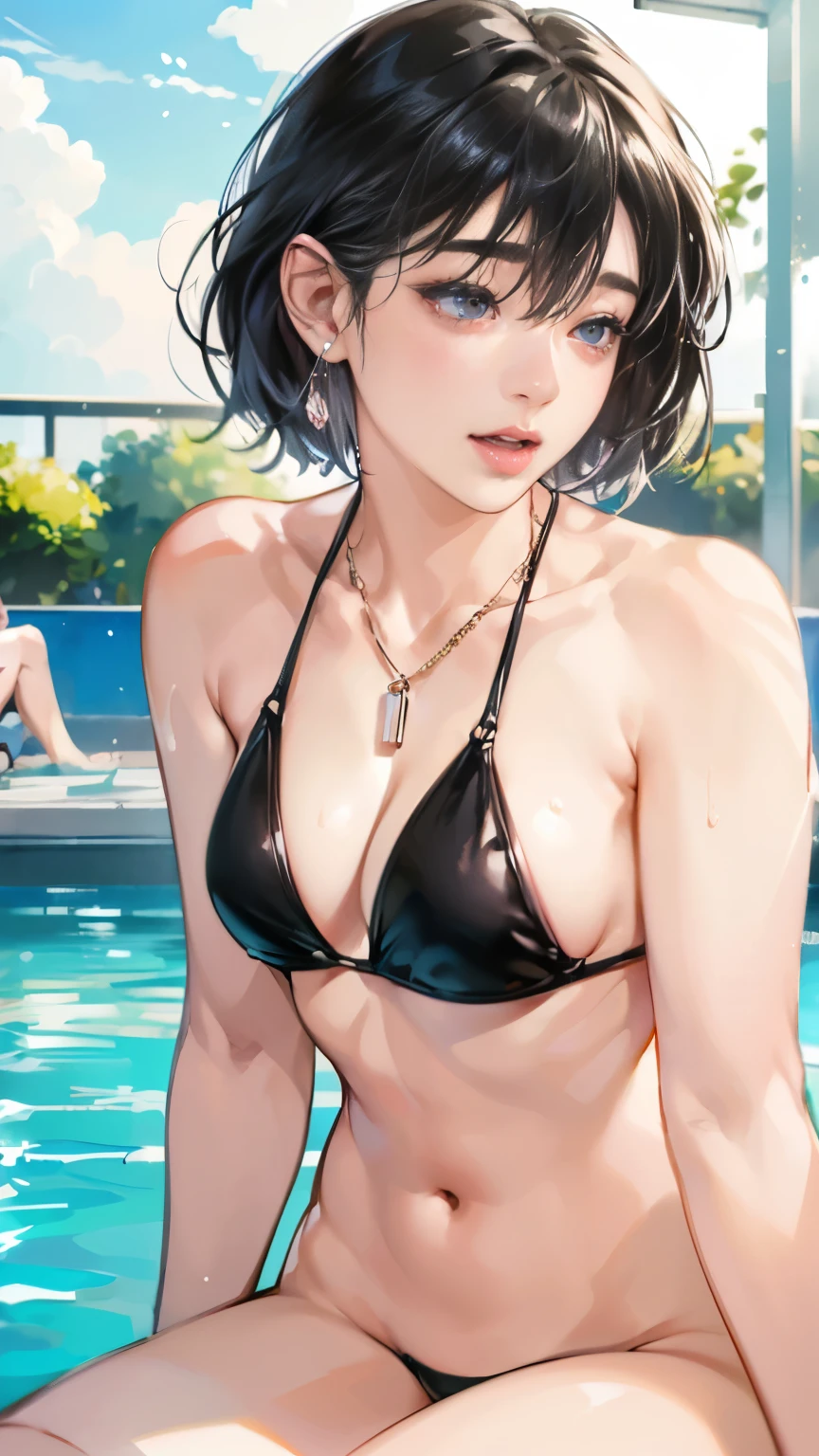 (In 8K、RAW shooting、highest quality、Masseter muscle part:1.2)、Super detailed、super resolution、(realistic、realistic:1.37)、portrait、High-definition RAW color photo、professional photography、very detailed and beautiful、very detailed、8K image wallpaper、amazing details、huge file size、official art、very detailed CG Unity 8K wallpapers、hvery detailed beautiful girl、very detailedな顔、very detailedな目、very detailedな肌、very detailedな指、hvery detailed nose、very detailedな詳細な口、perfect anatomy、detailed background、detailed clothing、(((1peopleの女の子と男性1people)))、40 generations、neat woman、realisticな体つき、small、white skin、glowing skin、sexy woman、black hair、((short hair))、(well-groomed bangs: 1.4)、cute face、lifelike face、delicate eyes、((stylish poolside))、(((fully nude woman)))、((black bikini))、((A woman standing with her legs spread wide))、wet body、((restrained))、earrings、necklace、bracelet、((small and beautiful pink areola))、((face turned to the side))、((Woman closing her eyes and yawning loudly))、contrapo、dynamic lighting、((firm D cup))、((cleavage))、((excited look))、