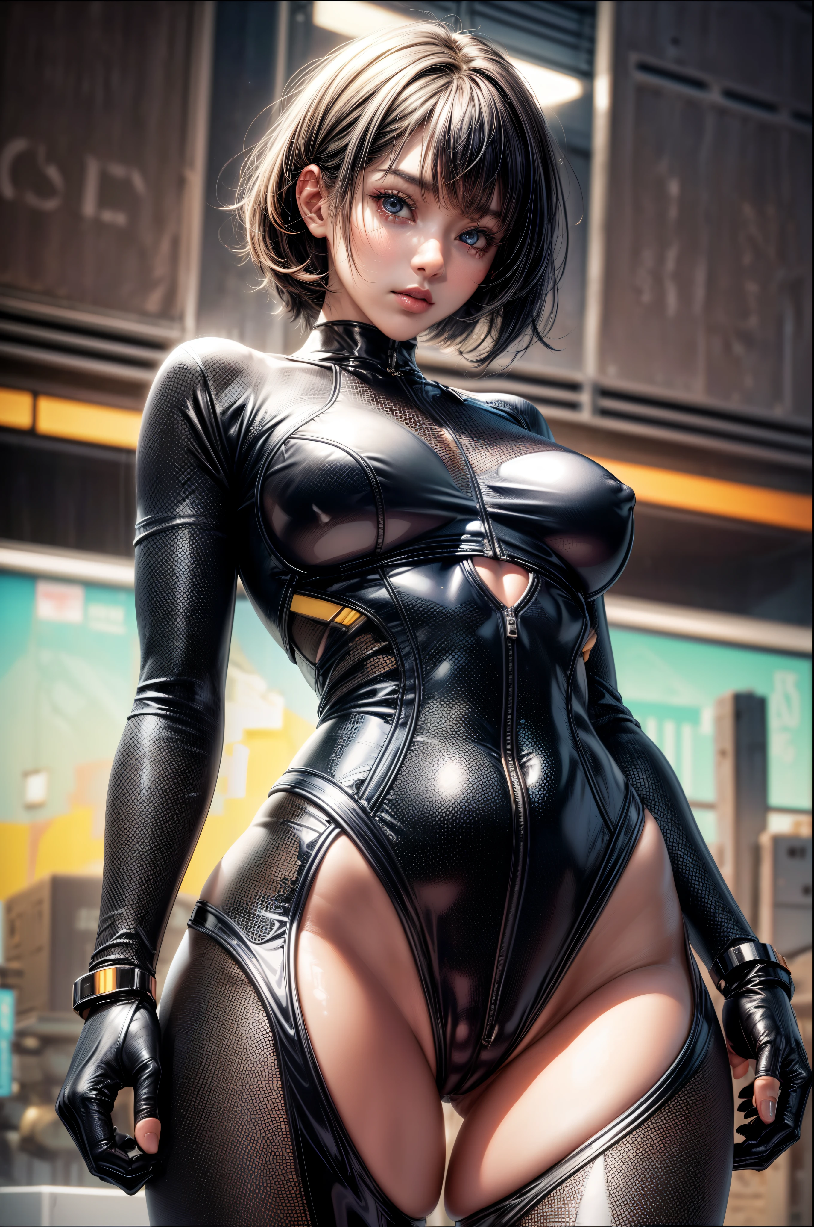 delicate face, 20-year-old kpop idol cyborg girl, dark(carbon fiber high leg cut leotard), Chest opening, {{angled bob}}, (big breasts:1.25), (mechanical joint), bangs, attractive curves, mid pelvis, seaside, standing posture, beach, glowing skin, ((puffyareolas)), (standing), dynamic pose, spread legs, (camel toe, cameltoe, vulvashaped:1.275), cyberpunk, sci-fi, (upper body:1.275), (8k, RAW photo, best quality, masterpiece: 1.47), (nsfw:1.275)