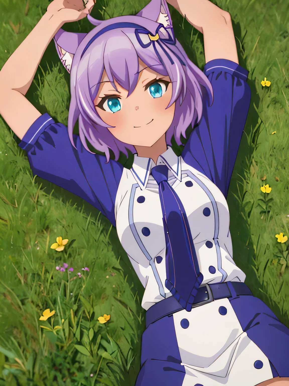 (((pixel-perfect, detail-perfect))), solo, 1girl, ruhuyu, short sleeves, necktie, looking at viewer, closed mouth, spread arms, arms up, on back, on grass, looking at viewer, solo, center, smile,
