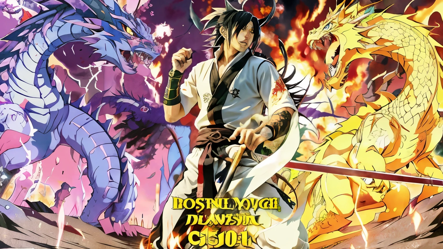 anime characters are fighting with swords in a scene with a dragon, otaku gangasta, striking manga artstyle, epic anime style, bleach manga style, wallpaper!, human and dragon fusion, demon slayer artstyle, manga cover style, guilty gear art style, epic samurai warrrior, cover manga, full color manga visual style, manga!!!, 8k!