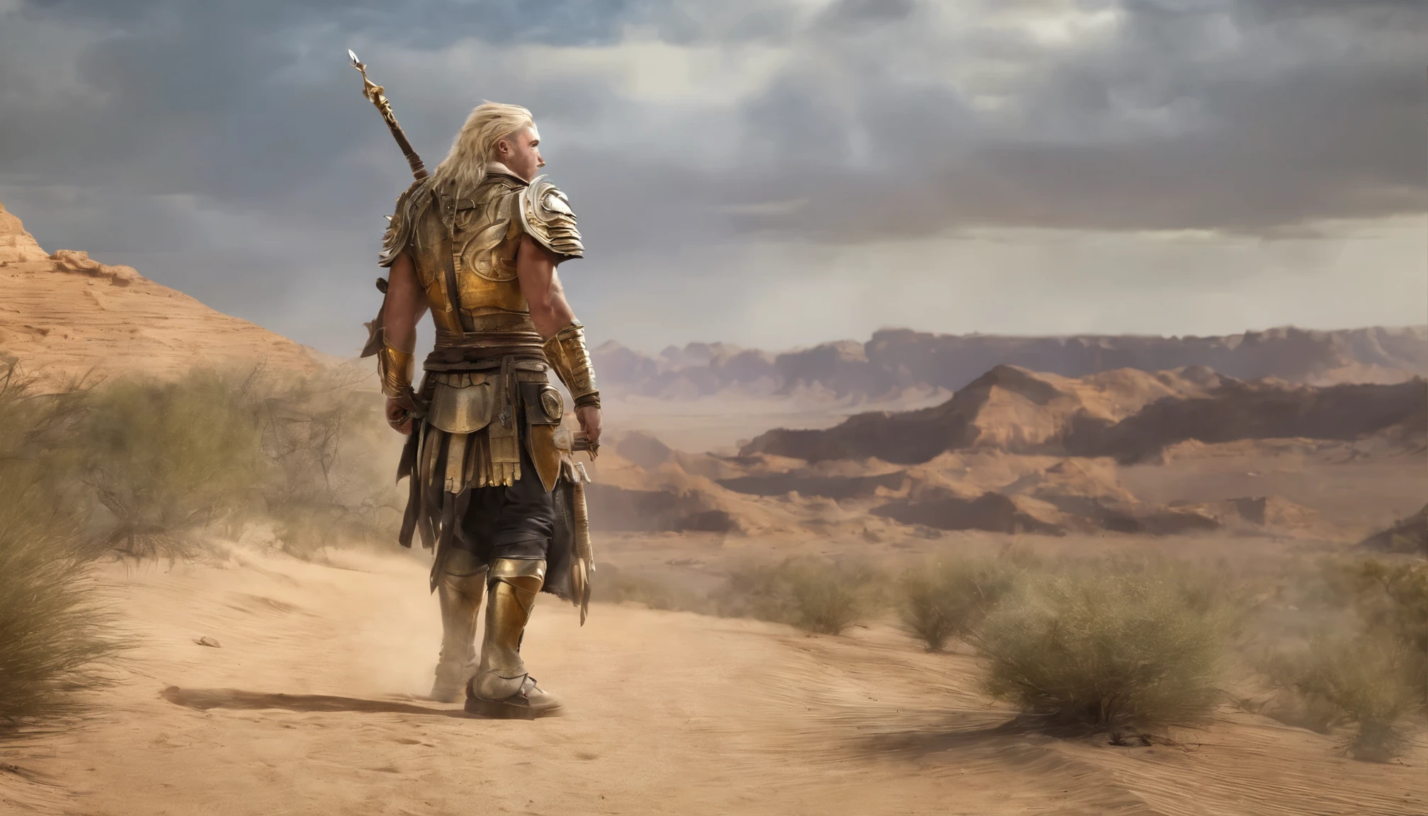 Lone warrior with blond hair without a beard wearing golden armor coming along the path in the desert without a helmet