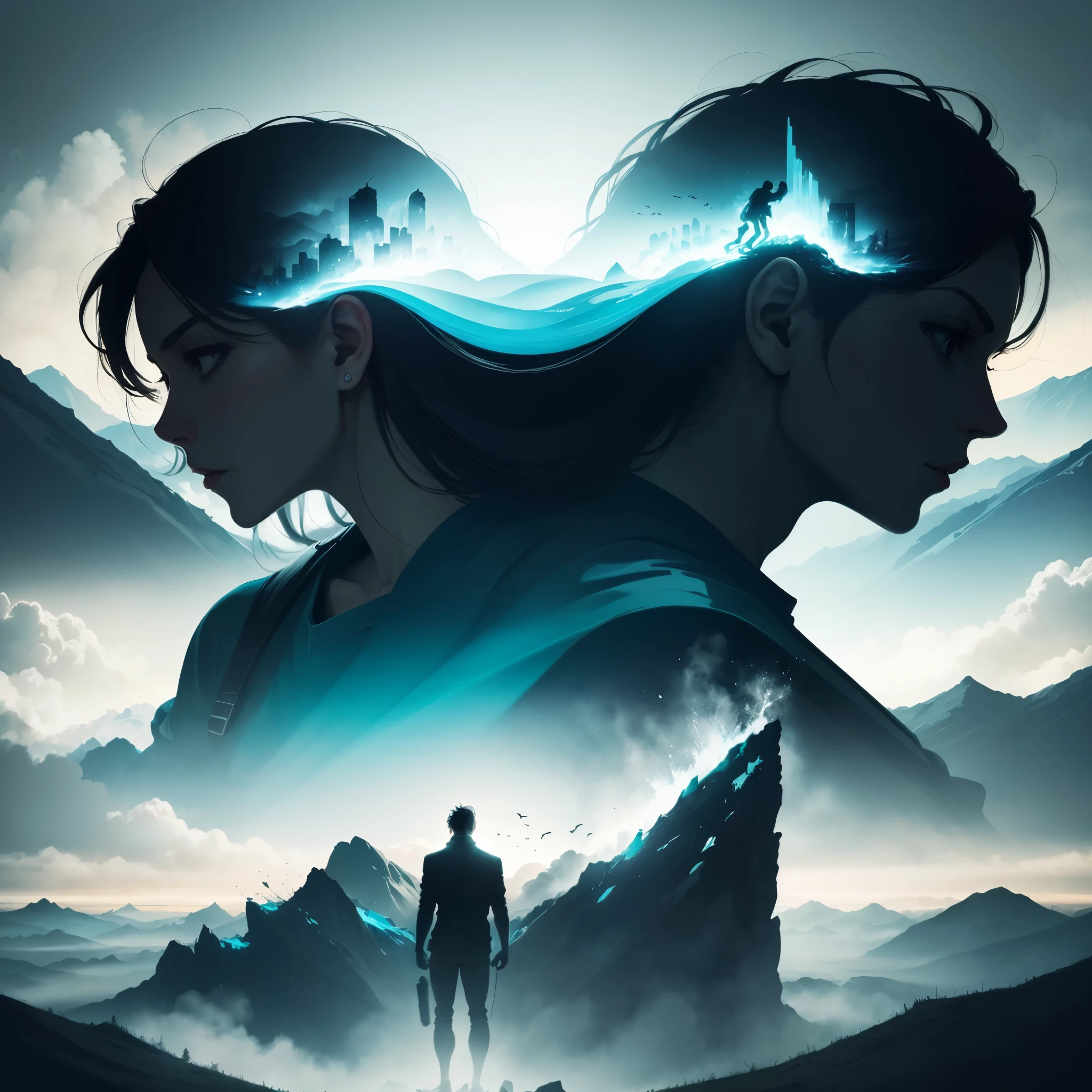 Hero's silhouette in an art print with Hero shape, in the style of epic portraiture, double exposure, isolated [licence] landscape, [cyan] and [blue], dynamic and action-packed, vector, strong use of negative space, isolate on white,