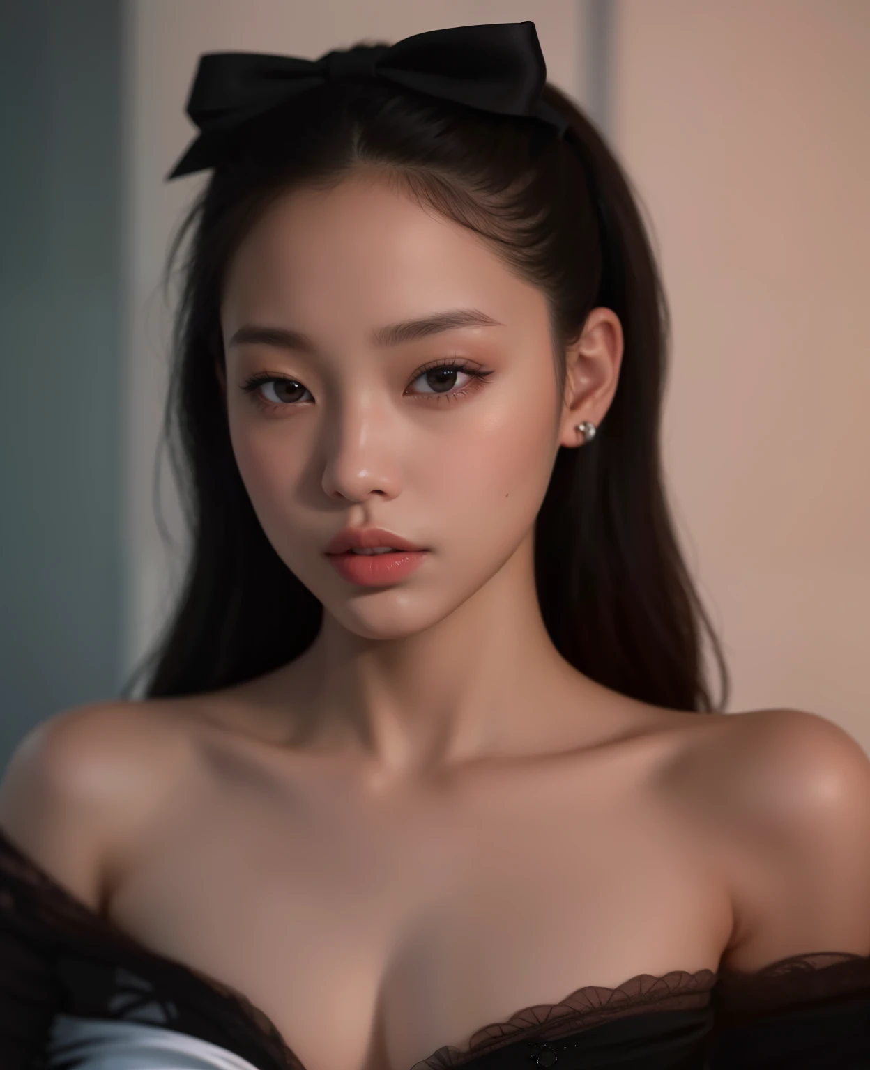 a close up of jennie blackpink in a black dress and a bow, jennie blackpink, portrait of jennie do blackpink, gongbi, jennie kim, jossi do blackpink, jennie blackpink, jennie blackpink, wenfei you, parque jennie de blackpink, jennie blackpink 