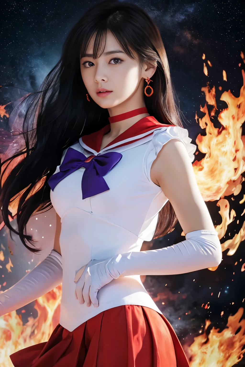 ((HD Real, SAMA1 Level)), Extreme Real, masterpiece, highest quality, High resolution, SAMA1, space, stunning beauty, upper body shot, 1 girl, chest, gloves, lips, alone, Sailor Mards, purple eyes, SM uniform, See more1, tiara, Sailor Senshi Uniform, (RAW photo, highest quality), masterpiece, 浮かぶ長いblack hair, tiara,Red sailor color, bow, choker, 白いgloves, red choker, 肘用gloves, jewelry, earrings,tiara, red skirt, only, whole body, black hair, (perfect hands): 3.8, octane rendering, goddess of fire, (close: 1.2) in detail, beautiful eyes, close, small eyes, look viewer, to8 contrast style, Octane line art, space background, Mards, flames floating around her, Red Flame, intensegaze, sharp eyes, Hands lowered