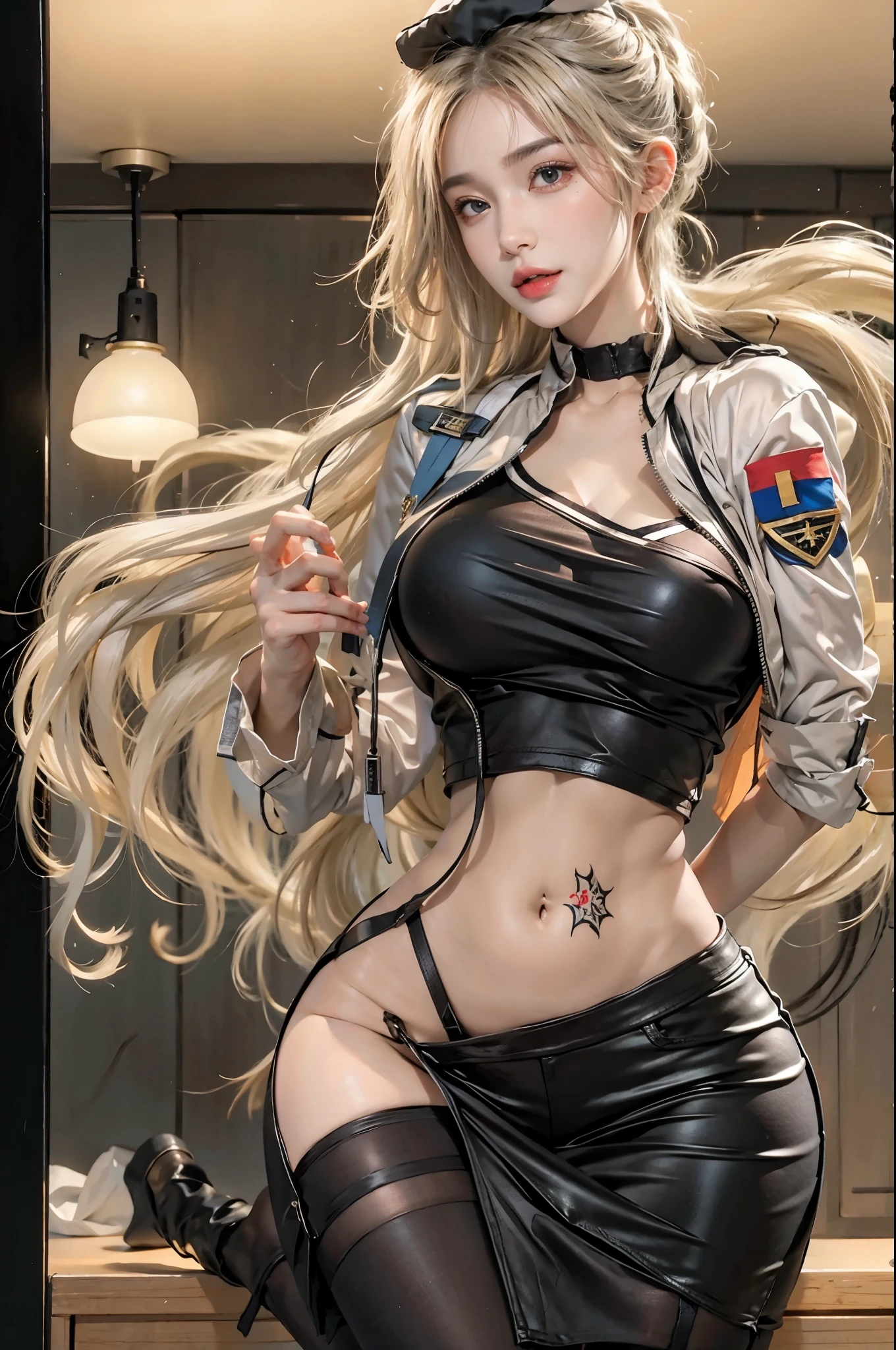 realistic, High resolution, soft light,1 female, alone, hip up, glowing skin, (detailed face),tattoo, jewelry, Bizarre uniform, black stockings, garter belt, night, blonde hair, wavy hair, Beautiful Soldier, Eyes that invite the viewer, lover's perspective, an inviting look, sexy smile, perfect style, perfect balance, fine skin, naughty look, I can see your chest