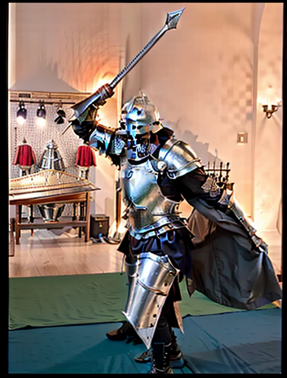 arafed knight in full armor with sword and shield in a room, dressed as a knight, posing like a knight, knight in armor dance popping, holy medieval crusader, holy crusader medieval, holy crusader medieval knight, medieval holy crusader knight, as a medieval fantasy character, sqare-jawed in medieval clothing, (((knight))), medieval!!, medieval knight, make him naked and do not change his face