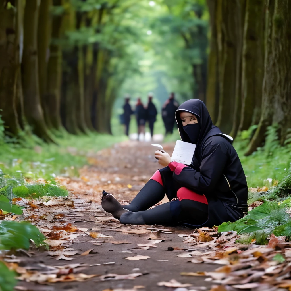 female ninja, Ninja Costumes, in the forest, sit on the ground, reading a letter, barefoot, soles, showing both soles to the viewer,