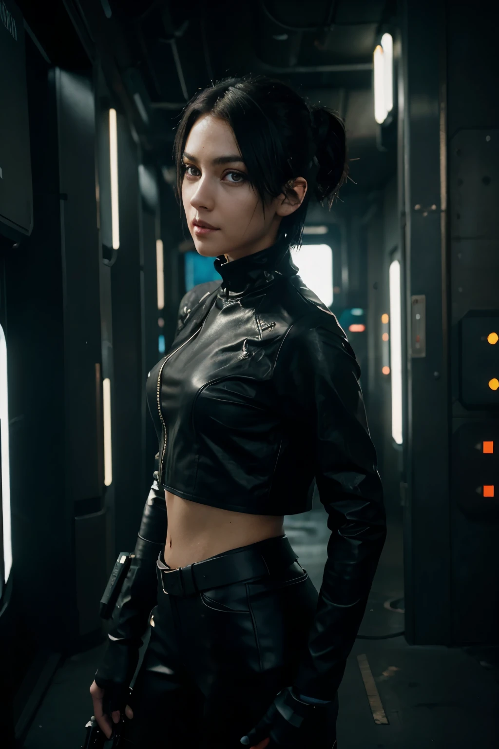 (Masterpiece: 1.21), (Best Quality), highly detaild, The ultra-detailliert, 1 short hair girl, (Black hair:1.2),(black tight leather suit: 1.2, Elongated ears: 0.8), (Big, Light eyes:1.2),(The cyberpunk: 1.2), (fantasy landscape: 1.2, Naturallight: 1.5, confident facial expression), (putt chest:1.2),(the panorama: 1.2), Smile, each, alita, The cyberpunk dark black background