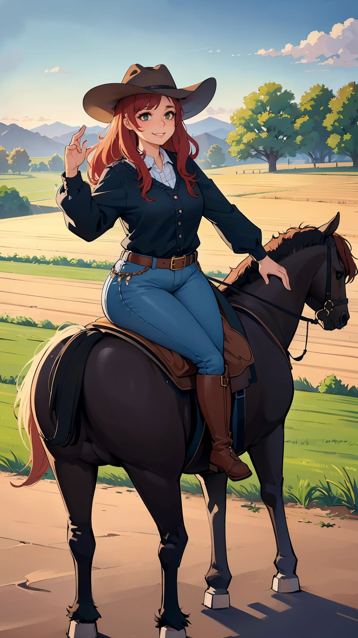 a charming girl with hair that mixes shades of red and brown, similar to a fox's fur. Her skin is delicately white, highlighting the beauty of her bright green eyes, which convey a happy expression.
She wears an authentic cowboy outfit, with a black blouse that highlights her resplendent smile. Practical and comfortable jeans are complemented by cowboy shoes that match your rustic style. On her head, she wears a cowboy hat, adding a charming touch to her look.
The scene unfolds in a farm barn, where the girl is skillfully riding a horse. The surrounding landscape is stunning, with green fields stretching as far as the eye can see. The sun is setting, dyeing the sky with warm tones and creating a peaceful and serene atmosphere.
The girl and horse form a picturesque image against this backdrop, capturing the beauty of country life. The wooden barn provides a charming contrast to the surrounding nature, and the scene as a whole conveys the feeling of harmony and serenity in the heart of the farm,UHD, retina, masterpiece, ccurate, anatomically correct, textured skin, super detail, high details, high quality, award winning, best quality, highres, 1080P, HD, 4K, 8k, 16k