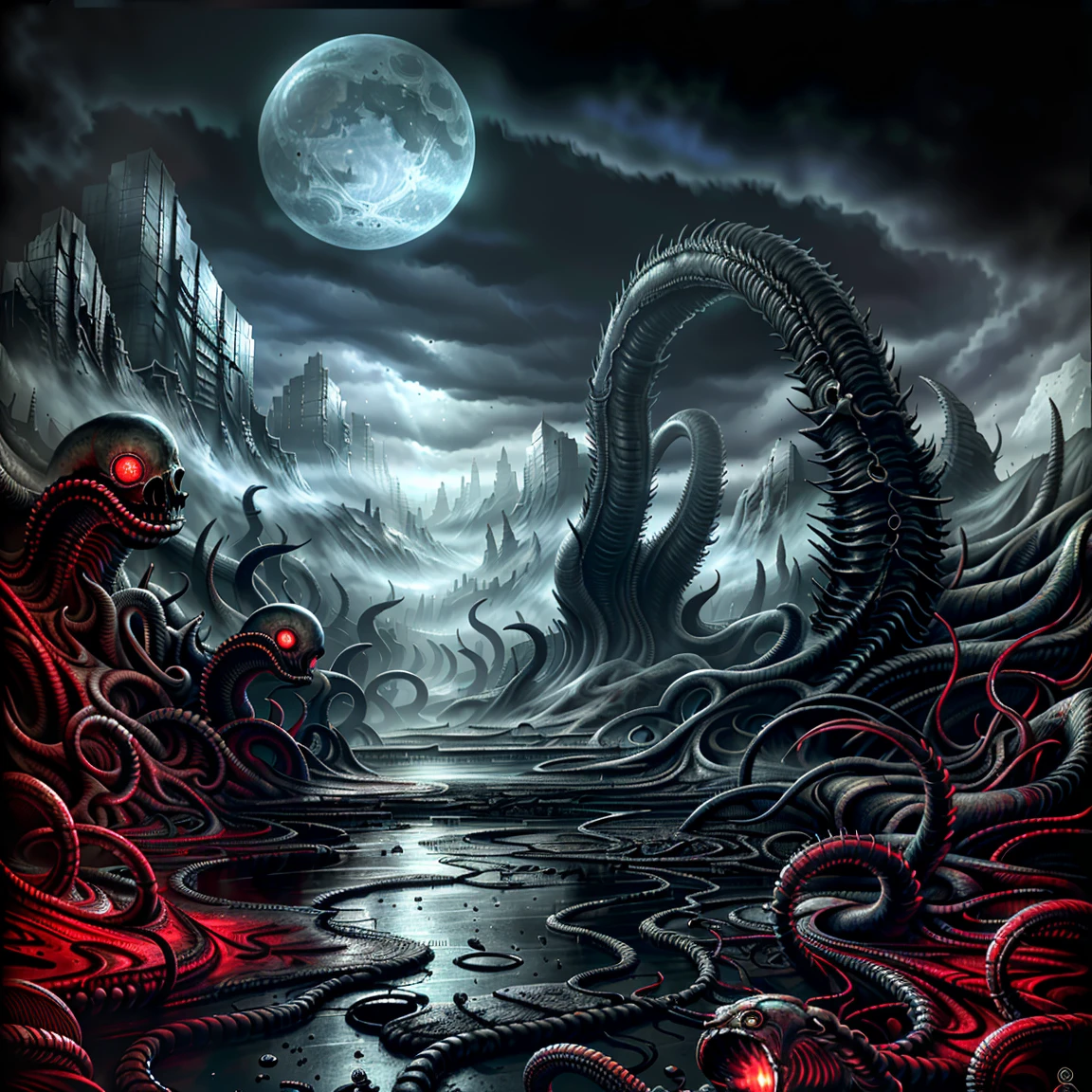 (best quality,4k,8k,highres,masterpiece:1.2), ultra-detailed, (realistic,photorealistic,photo-realistic:1.37), madness evil landscape. Tentacles rise from the abyss, Polluted rivers, graveyard of horrors, Blood-red moon, Hyper-realistic engine, UHD sketch color painting. 