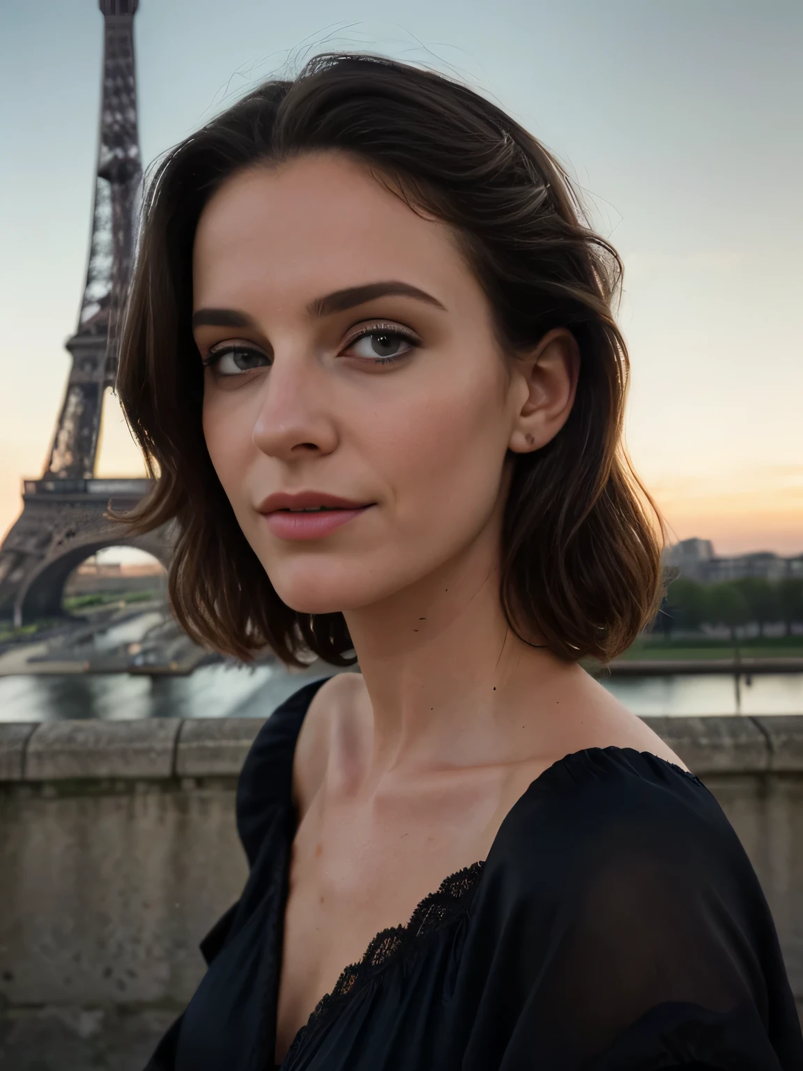 Photographie de 1 superbe fille de 23 ans , Porter is a robe de soirée with a décolleté , cheveux bruns ,en France avec la tour Eiffel , photo portrait, Souriant, looking into camera , Spectacular lighting, magnifique, (clivage profond), photo shoot, occidental, (Masterpiece), Best quality, High resolution, Extremely detailed background, peau avec pores, , cinematic lighting Completed