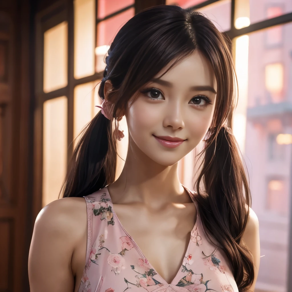 Realistic pictures of cute women,Lin Xiaoyu、 uneven twin tails, Glowing ring hair clip、light makeup, medium chest size, smile a little, (Pink dress)、(Floral dress)、(full body shot), Clear facial features with sharp and realistic details, Sony FE, 35mm, cinematic lighting, advanced details, UHD, high quality, HD, 8K, 16k