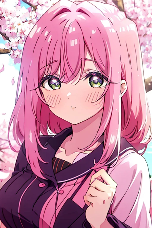 a pink haired woman with violet eyes is blushing in a flurry of cherry blossoms. 