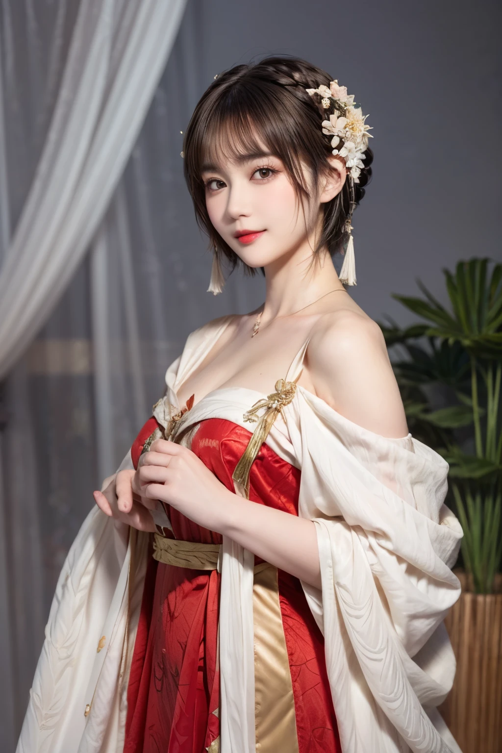 148
(20 year old woman,Floral costume), (surreal), (High resolution), ((beautiful hairstyle 46)), ((short hair:1.46)), (gentle smile), (breasted:1.1), (lipstick)
