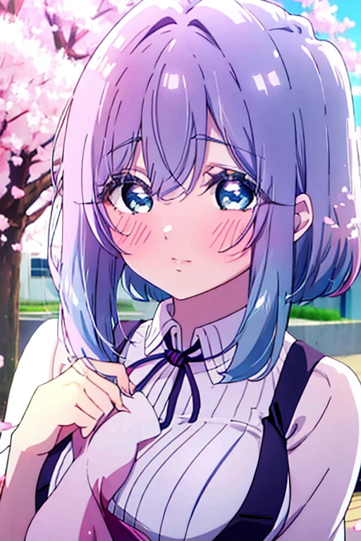 a blue  haired woman with blue eyes is blushing in a flurry of cherry blossoms.
