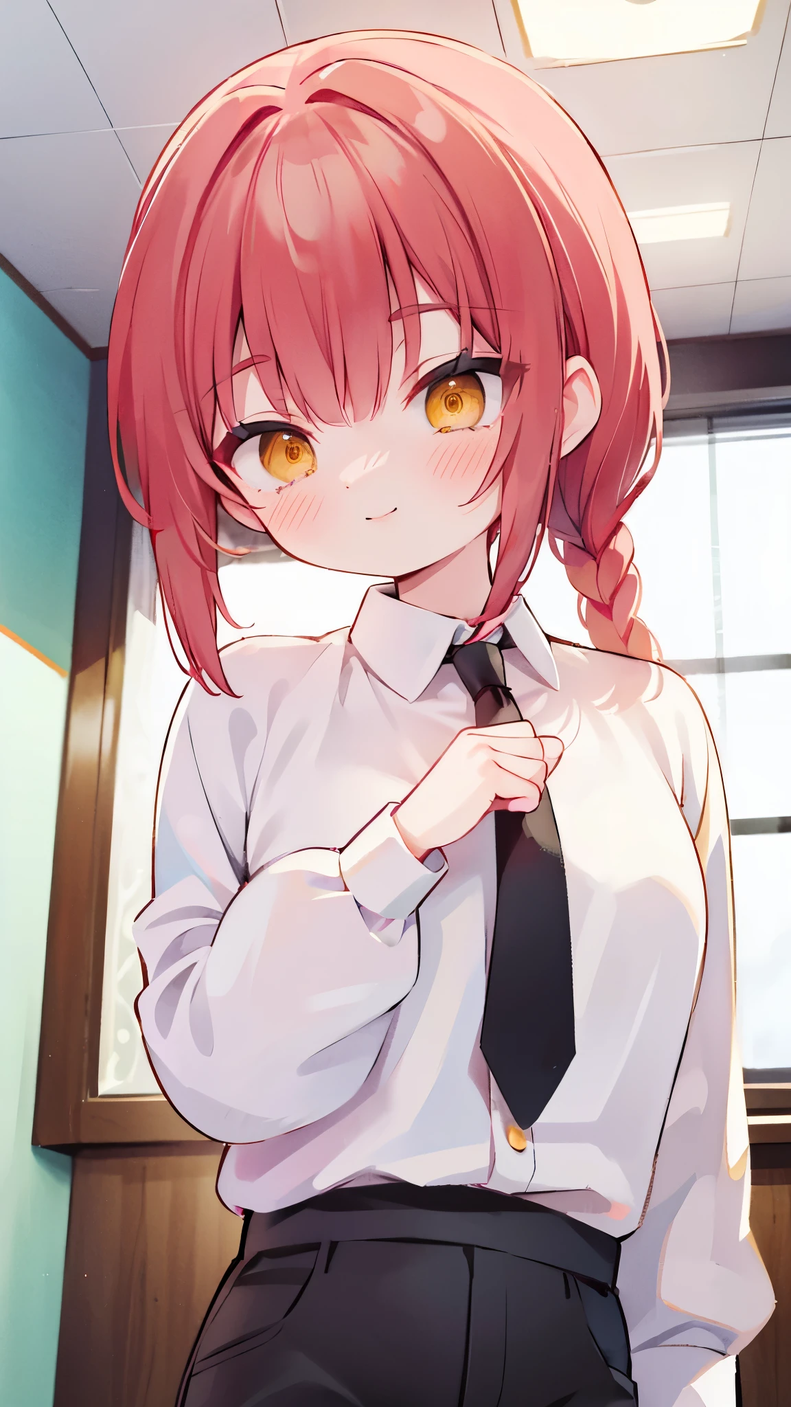 makima, makima, long hair, smile, bangs, small breasts, (yellow eyes:1.2), braid, red hair, braided ponytail, ringed eyes,
BREAK shirt, long sleeves, white shirt, necktie, collared shirt, pants, black pants, formal, suit, black necktie, shirt tucked in, office lady,
BREAK indoors, office,
BREAK looking at viewer,
BREAK (masterpiece:1.2), best quality, high resolution, unity 8k wallpaper, (illustration:0.8), (beautiful detailed eyes:1.6), extremely detailed face, perfect lighting, extremely detailed CG, (perfect hands, perfect anatomy),,