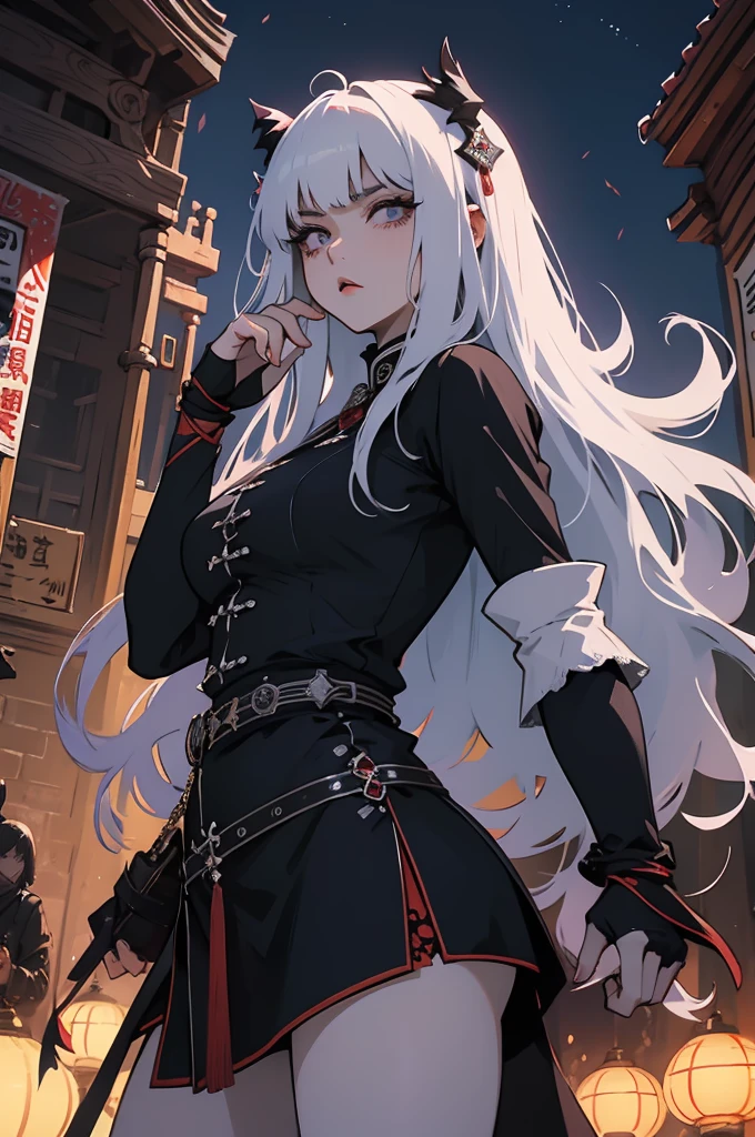 Masterpiece, Best, Night, Full Moon, 1 Female, Mature Woman, Chinese Style, Ancient China, Elder Sister, Royal Sister, Cold Face, Expressionless, Silver White Long Haired Woman, Light Pink Lips, Calm, Intellectual, Three Bangs, Gray Hitomi, Assassin, Long Sword, Swordsman, Fighting, Street View, Facial Details,