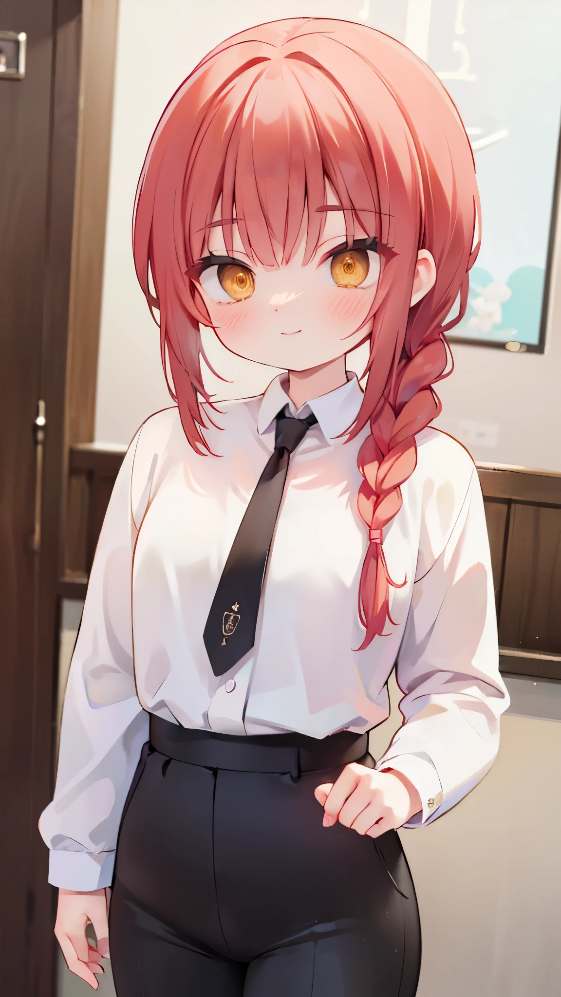 makima, makima, long hair, smile, bangs, small breasts, (yellow eyes:1.2), braid, red hair, braided ponytail, ringed eyes,
BREAK shirt, long sleeves, white shirt, necktie, collared shirt, pants, black pants, formal, suit, black necktie, shirt tucked in, office lady,
BREAK indoors, office,
BREAK looking at viewer,
BREAK (masterpiece:1.2), best quality, high resolution, unity 8k wallpaper, (illustration:0.8), (beautiful detailed eyes:1.6), extremely detailed face, perfect lighting, extremely detailed CG, (perfect hands, perfect anatomy),,