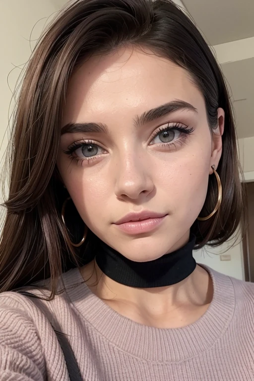 Belle fille, Marron_eyeeautiful mince adolescente de 18 ans, cheveux color [Brown highlights cheveux], [Pixie undercut] cheveux)), boucles d’oreilles, lèvres, Réaliste, taille étroite, charmant, pink lèvrestick, maquillage coloré, Cils longs, boucles d’oreilles, porter de l’eye-liner, peau claire, (mignon), (face détaillée), Yeux détaillés, Iris détaillé, corp magnifique, corps athlétique, abdominaux prononcés sur l&#39, pantalon moulan, pull , sac LV, parfait cul rond moyen, Selfie Photo, vue arrière, moulant 