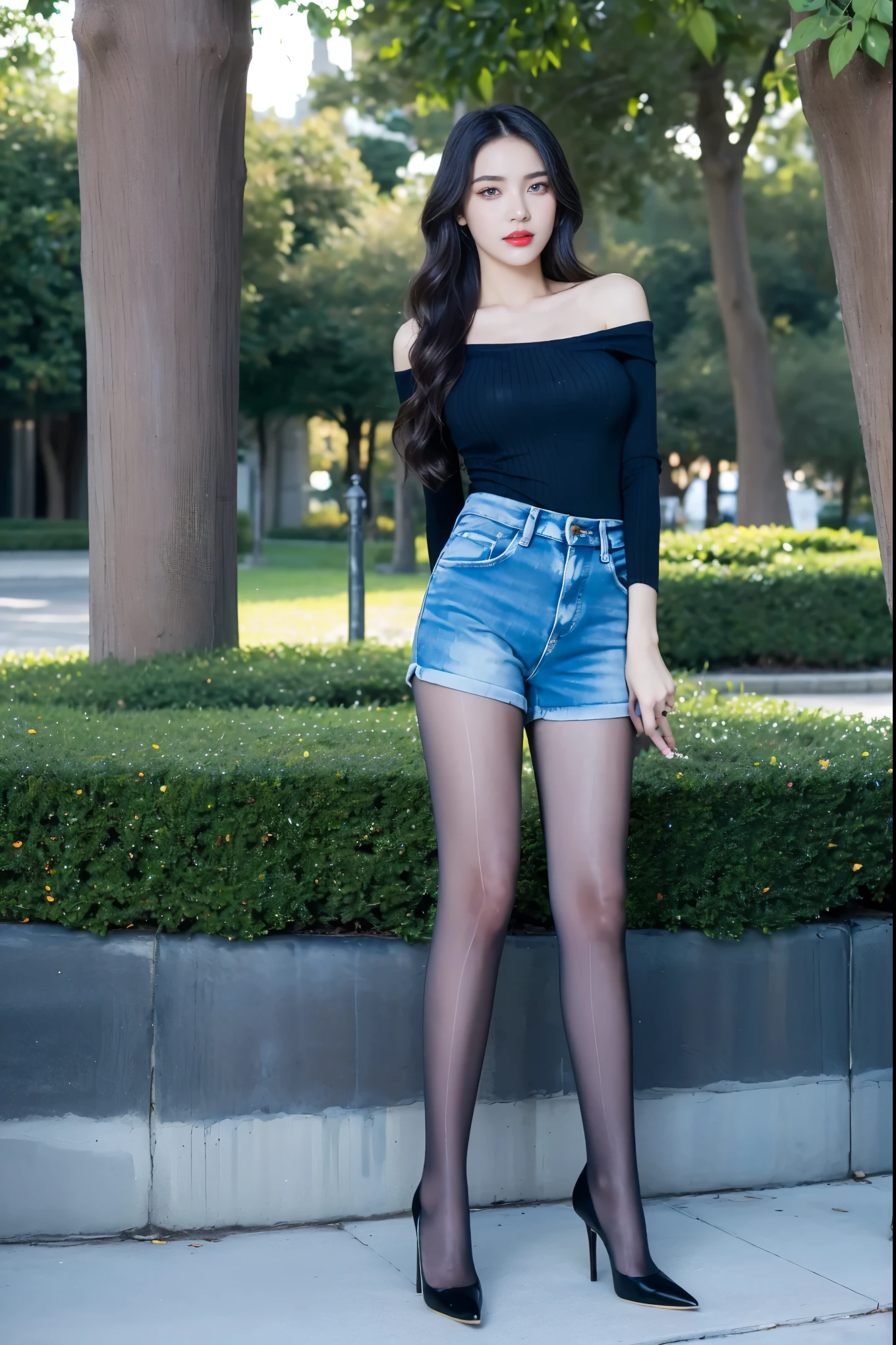 best quality, full body portrait, delicate face, pretty face, -yeld wo, slim figure, big bust, Wearing a long-sleeved sweater，Wear denim shorts，Stiletto high heels，wavy long hair，In the park，big eyes，red lips，Heavy makeup，Black ultra-thin，