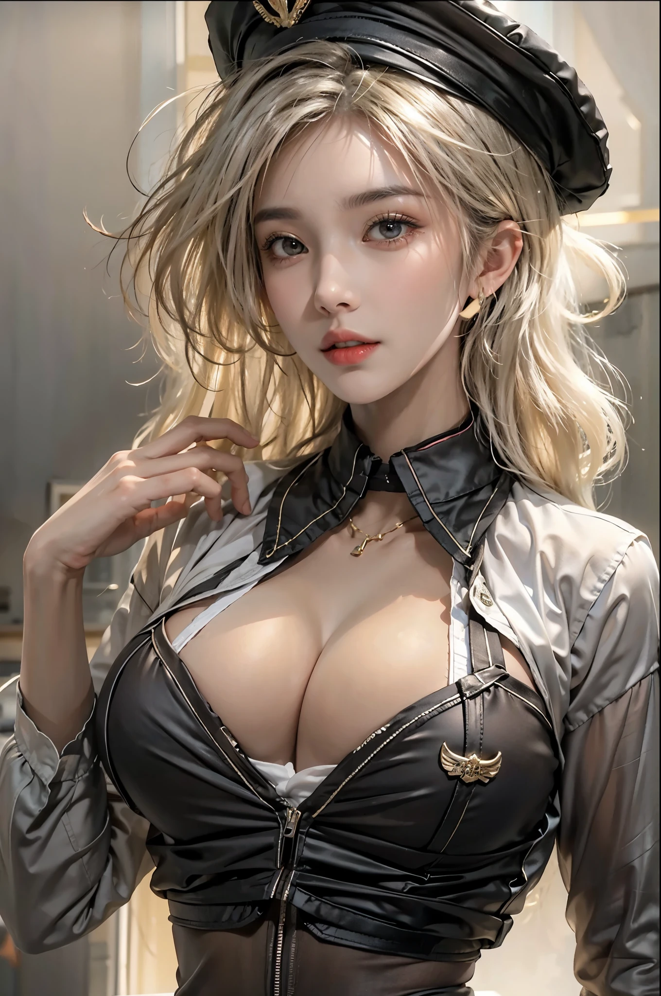 realistic, High resolution, soft light,1 female, alone, hip up, glowing skin, (detailed face),tattoo, jewelry, Bizarre uniform, black stockings, garter belt, night, blonde hair, wavy hair, Beautiful Soldier, Eyes that invite the viewer, lover&#39;s perspective, an inviting look, sexy smile, perfect style, perfect balance, fine skin, naughty look, I can see your chest