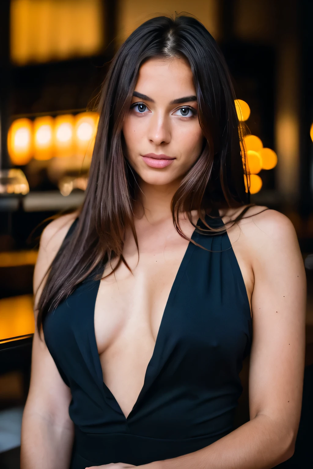 Beautiful brunette, long brown hair, wearing a low-cut black basket, front view (standing inside a modern restaurant at night), highly detailed, 20 years old, natural wavy hair, blue eyes, high resolution, masterpiece, excellent quality, complex details, extremely detailed, sharp focus, detailed skin, black skin, realistic skin texture, texture, detailed eyes, professional, 4K, Canon shooting, 85mm, shallow depth of field, Kodak color vision, perfect body, extremely detailed with beautiful curves, photo_\(ultra\), photo realistic, realistic, post processing, maximum detail, roughness, real life, ultra realistic, photorealism, photography, 8k uhd, photography (film grain) medium shot for filming atmospheric foreground dark lighting