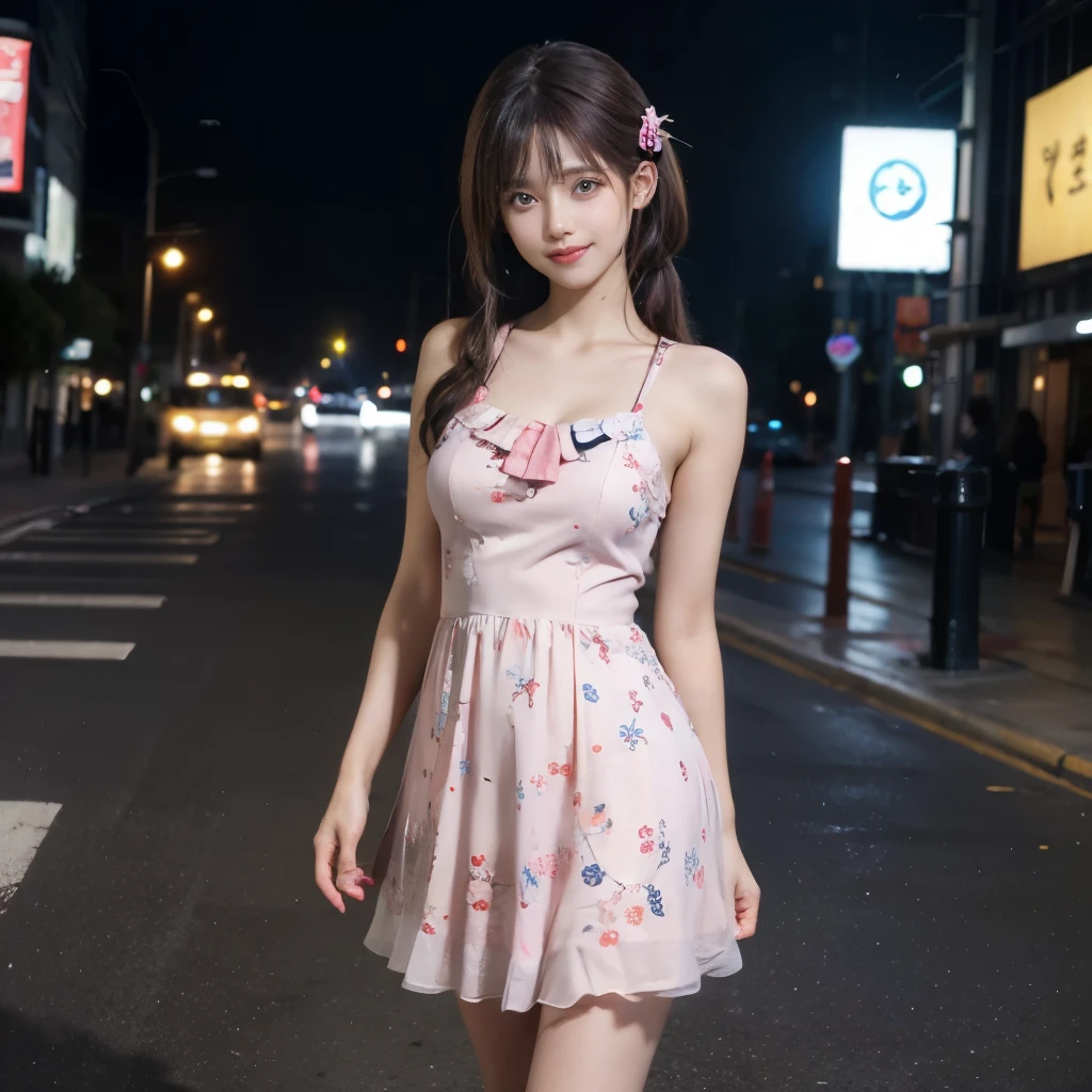 Realistic pictures of cute women, uneven twin tails, Glowing ring hair clip,light makeup, medium chest size, smile a little, (Pink dress)、(Floral dress)、(full body shot), Clear facial features with sharp and realistic details, Sony FE, 35mm, cinematic lighting, advanced details, UHD, high quality, HD, 8K, 16k