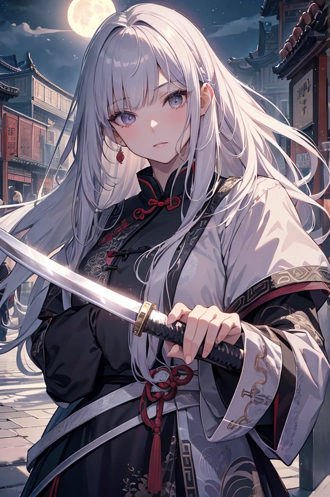 Masterpiece, Best, Night, Full Moon, 1 Female, Mature Woman, Chinese Style, Ancient China, Elder Sister, Royal Sister, Cold Face, Expressionless, Silver White Long Haired Woman, Light Pink Lips, Calm, Intellectual, Three Bangs, Gray Hitomi, Assassin, Long Sword, Swordsman, Fighting, Street View, Facial Details,