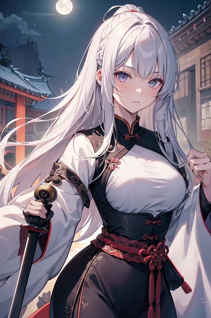 Masterpiece, Best, Night, Full Moon, 1 Female, Mature Woman, Chinese Style, Ancient China, Elder Sister, Royal Sister, Cold Face, Expressionless, Silver White Long Haired Woman, Light Pink Lips, Calm, Intellectual, Three Bangs, Gray Hitomi, Assassin, Long Sword, Swordsman, Fighting, Street View, Facial Details,