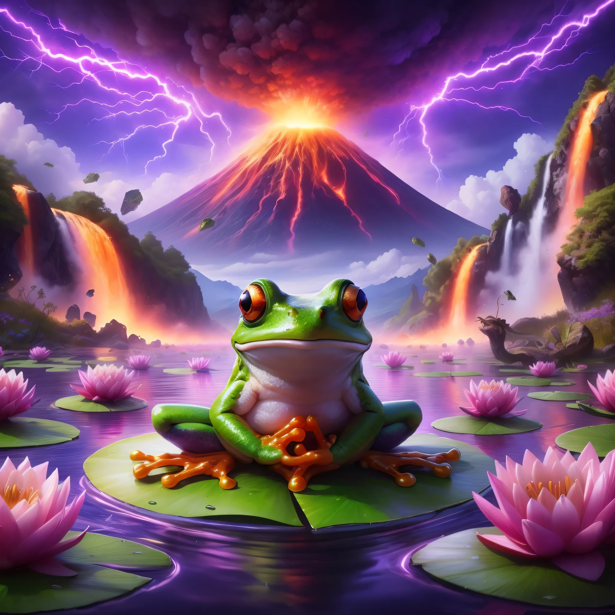 a frog sitting on a lily pad in front of a volcano, psychedelic frog, background artwork, 4k highly detailed digital art, 4k detailed digital art, 4 k hd illustrative wallpaper, 8k stunning artwork, beautiful art uhd 4 k, wallpaper 4 k, wallpaper 4k, pc wallpaper, amazing wallpaper, mobile wallpaper, digital painting highly detailed