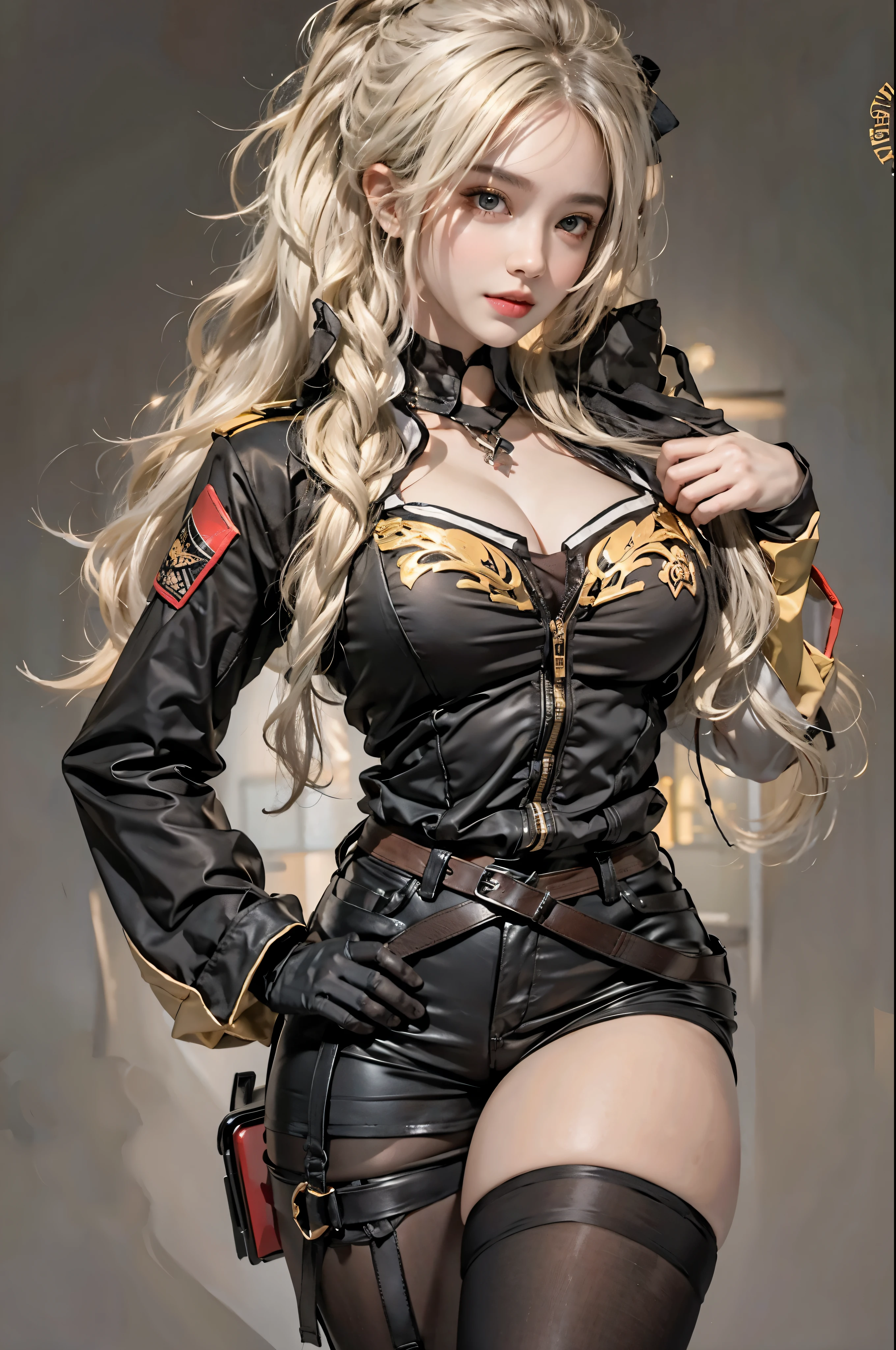 realistic, High resolution, soft light,1 female, alone, hip up, glowing skin, (detailed face),tattoo, jewelry, Bizarre uniform, black stockings, garter belt, night, blonde hair, wavy hair, Beautiful Soldier, Eyes that invite the viewer, lover's perspective, an inviting look, sexy smile, perfect style, perfect balance, fine skin, naughty look, I can see your chest