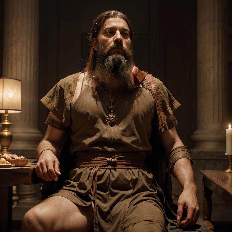 "Produce a realistic and highly detailed high-resolution digital image. The main focus is to portray Phineus, an old Greek king, sitting on a bench. He should be represented as thin, with a long beard, blind, and with an expressive look of protection, tilting his head to the left above. King Phineus is dressed in royal ornaments and costumes typical of Ancient Greece. The scene includes a table in front of the king, covered with traditional Greek foods. The lighting should follow a contrasting and dramatic style , inspired by the artist Caravaggio. Ensure that every detail, from the textures of clothing and food to facial expressions and lighting, is faithfully reproduced to achieve a visually stunning and realistic representation. Phineus' position should convey the feeling of something mysterious or threatening coming from above on the left, adding an element of suspense to the scene. Image quality must be exceptional, capturing nuances and details