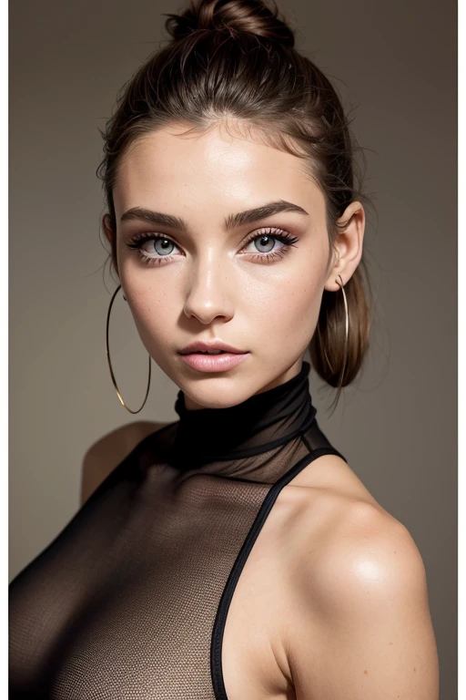Belle fille, Marron_eyeeautiful mince adolescente de 18 ans, cheveux color [Brown highlights cheveux], [Pixie undercut] cheveux)), boucles d’oreilles, lèvres, Réaliste, taille étroite, charmant, pink lèvrestick, maquillage coloré, Cils longs, boucles d’oreilles, porter de l’eye-liner, peau claire, (mignon), (face détaillée), Yeux détaillés, Iris détaillé, corp magnifique, en maillot de bain noire