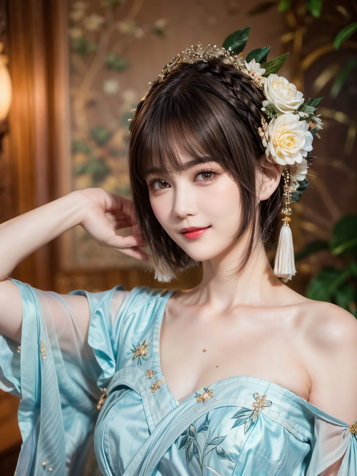 148
(20 year old woman,Floral costume), (surreal), (High resolution), ((beautiful hairstyle 46)), ((short hair:1.46)), (gentle smile), (breasted:1.1), (lipstick)