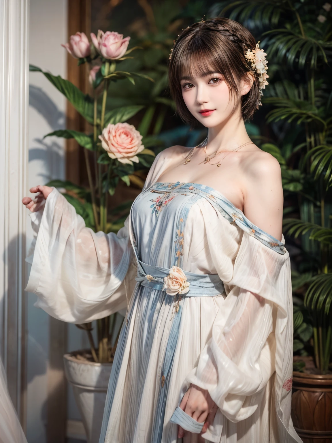 148
(20 year old woman,Floral costume), (surreal), (High resolution), ((beautiful hairstyle 46)), ((short hair:1.46)), (gentle smile), (breasted:1.1), (lipstick)
