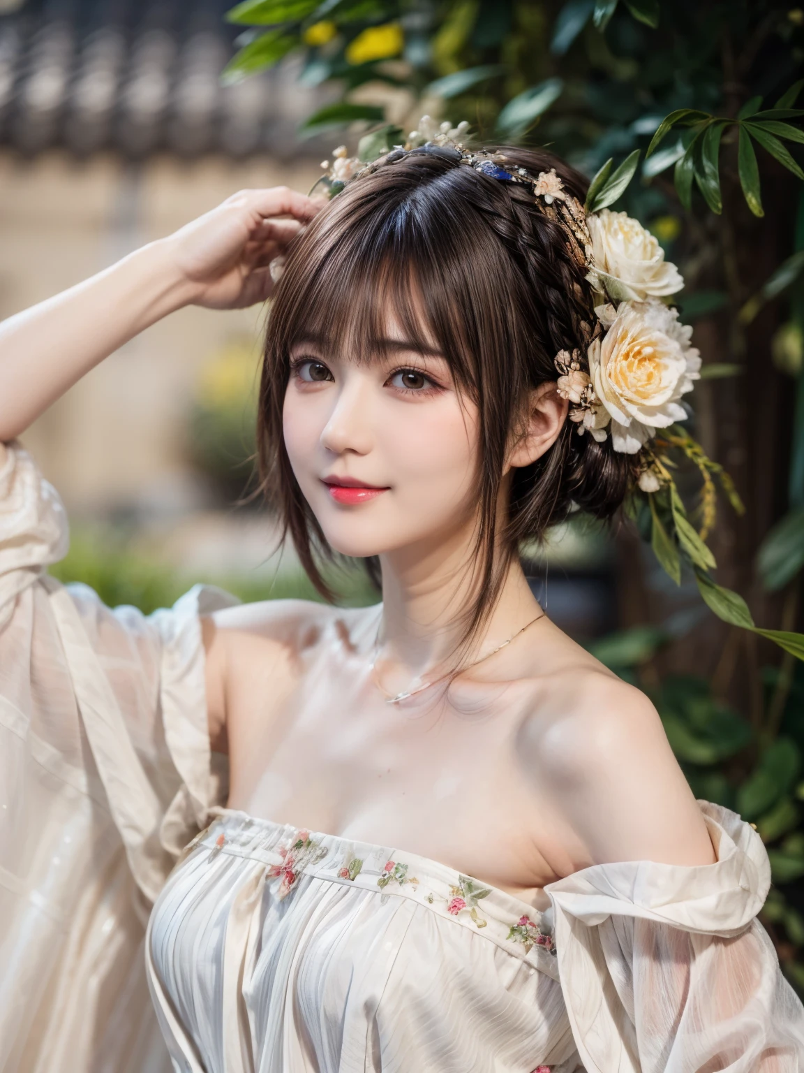 148
(20 year old woman,Floral costume), (surreal), (High resolution), ((beautiful hairstyle 46)), ((short hair:1.46)), (gentle smile), (breasted:1.1), (lipstick)