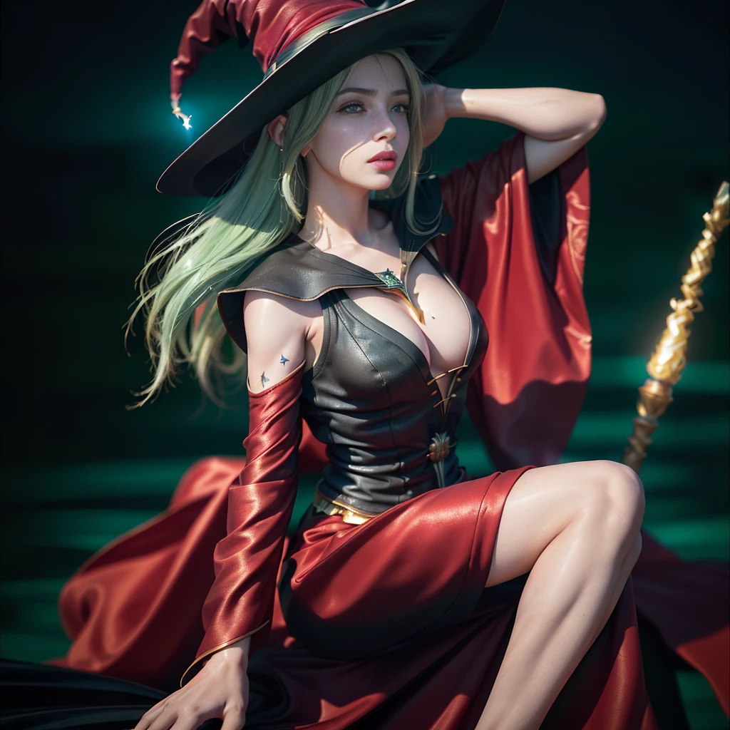 ((FOTOGRAFIA REALISTA)) (8k, Foto RAW, melhor qualidade, senhor:1.2), (Realistic, photo-Realistic:2), SEIOS FARTOS, SEIOS GRANDE, PEITO GRANDE, SEIOS QUENTES, ((ULTRA HIGH DEFINITION)), ((QUALIDADE 4K)), ((MUITO DETALHADO)), ((TEXTURA SONY a7s)), Feiticeira de cabelo verde montada na vassoura, ((vestimenta de seda)), ((estilo LUXO)), ((ROSTO ANGELICAL PERFEITO)), ((TATUAGENS NAS BOCHECHAS)), ((deserto)), ((energy flares)), ((pano de fundo montanha)), ((pano de fundo tempestado, raios)), ((VESTIMENTA VERMELHA)), NO EXTRA ARMS, JUST TWO ARMS, ((witch's hat))
