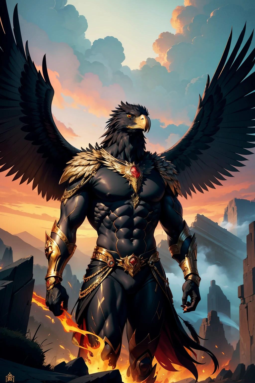 In the heart of a serene, yet anticipatory landscape, a striking figure emerges. A humanoid eagle, exuding strength and determination, gazes out at the horizon with piercing intensity. Clad in a sleek, black suit that accentuates every muscle, feathers cascading from its broad shoulders, it stands as a symbol of power and grace. The eagle's fiery eyes seemingly ignite the surrounding landscape with specks of gold and crimson, amidst swirling clouds of fire and smoke. The intricate details of its form are vividly rendered in 4K, every feather, muscle fiber, and contour meticulously captured - a testament to its majesty and