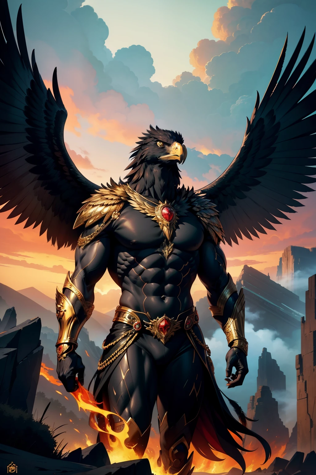 In the heart of a serene, yet anticipatory landscape, a striking figure emerges. A humanoid eagle, exuding strength and determination, gazes out at the horizon with piercing intensity. Clad in a sleek, black suit that accentuates every muscle, feathers cascading from its broad shoulders, it stands as a symbol of power and grace. The eagle's fiery eyes seemingly ignite the surrounding landscape with specks of gold and crimson, amidst swirling clouds of fire and smoke. The intricate details of its form are vividly rendered in 4K, every feather, muscle fiber, and contour meticulously captured - a testament to its majesty and