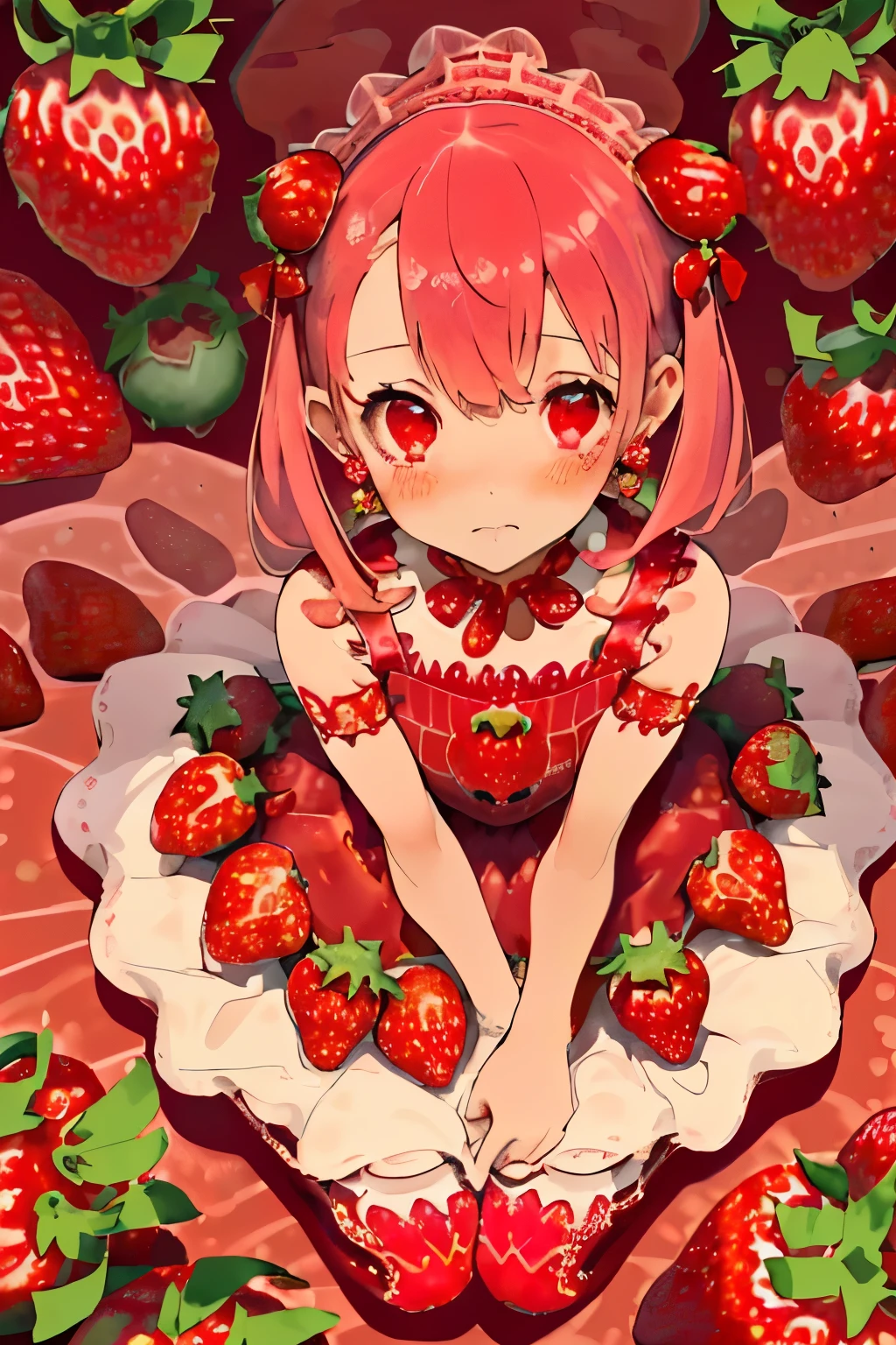 //fashion
(pastel-red theme:1.3), ((Strawberry Gothic Dress with Strawberry pattern:1.4)), (Strawberry ornament:1.3),
(red big ribbon:1.3), (Strawberry earrings:1.2),
(white Knee High Socks:1.3),
BREAK