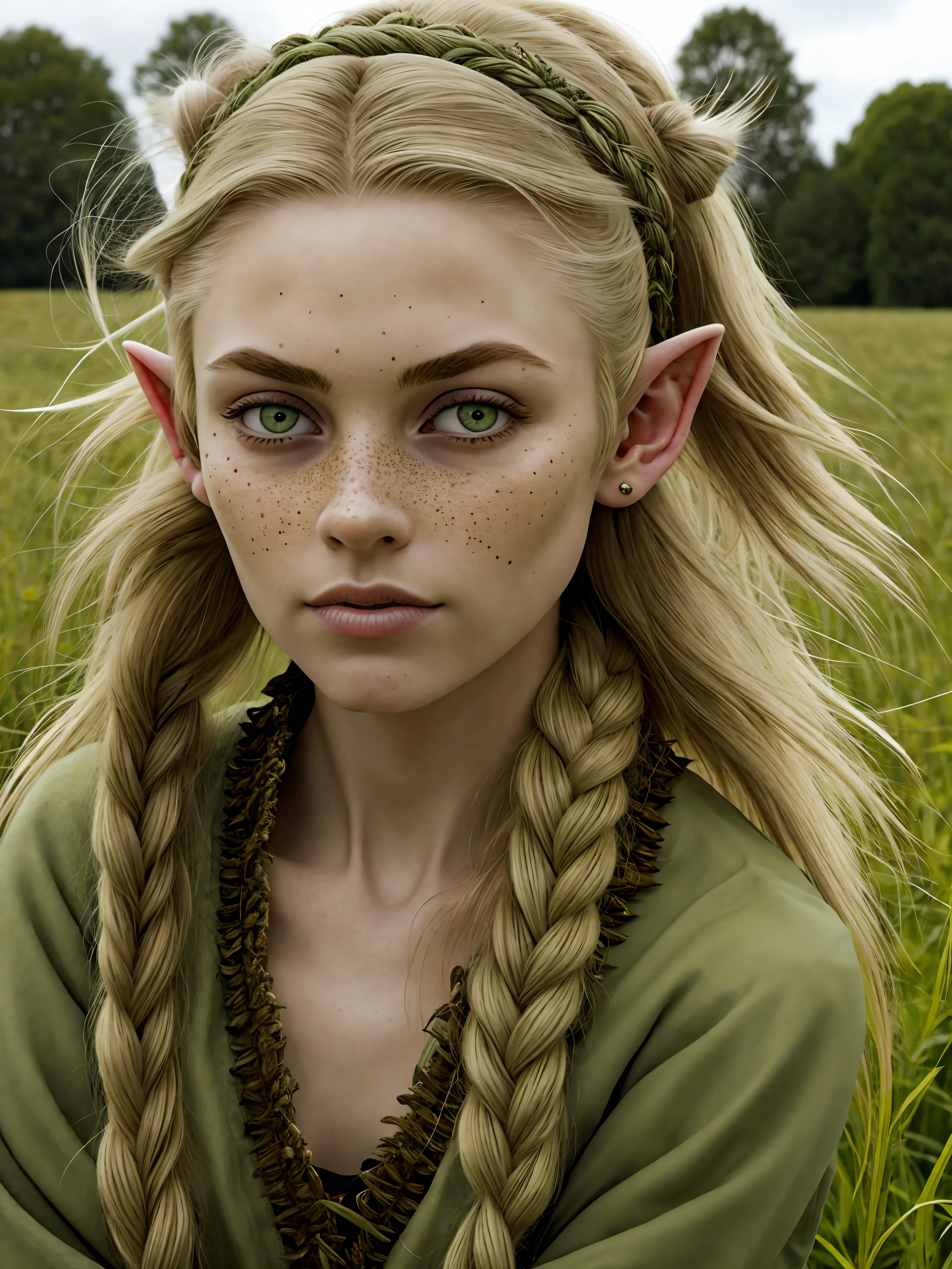 A beautiful Elven ((woman)) highly defined elven features big eyes ,small pokies ((small pokies)) peroxide ((long blonde messy windswept hair)) flowers in hair,(((small pointed ears))), sitting in highly detailed rural french (meadow) setting ,wearing Medieval green cloak and (furs, leathers, and roughly spun cloths, such as hemp or linen). eyeliner, blush, lipstick, natural freckles,, art gallery, professional photography, Sony fx6 digital camera, atmospheric, highly detailed, UHD, both eyes the same, masterpiece, high resolution, ultra quality, 16K, skin pores, matte ,(dancing) ,model pose ,Patrick Lichfield, rule of thirds