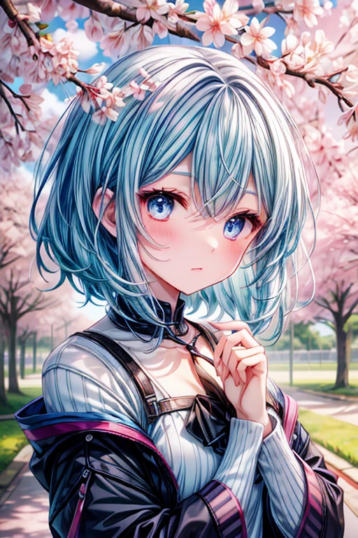 a blue haired woman with blue eyes is blushing in a flurry of cherry blossoms.