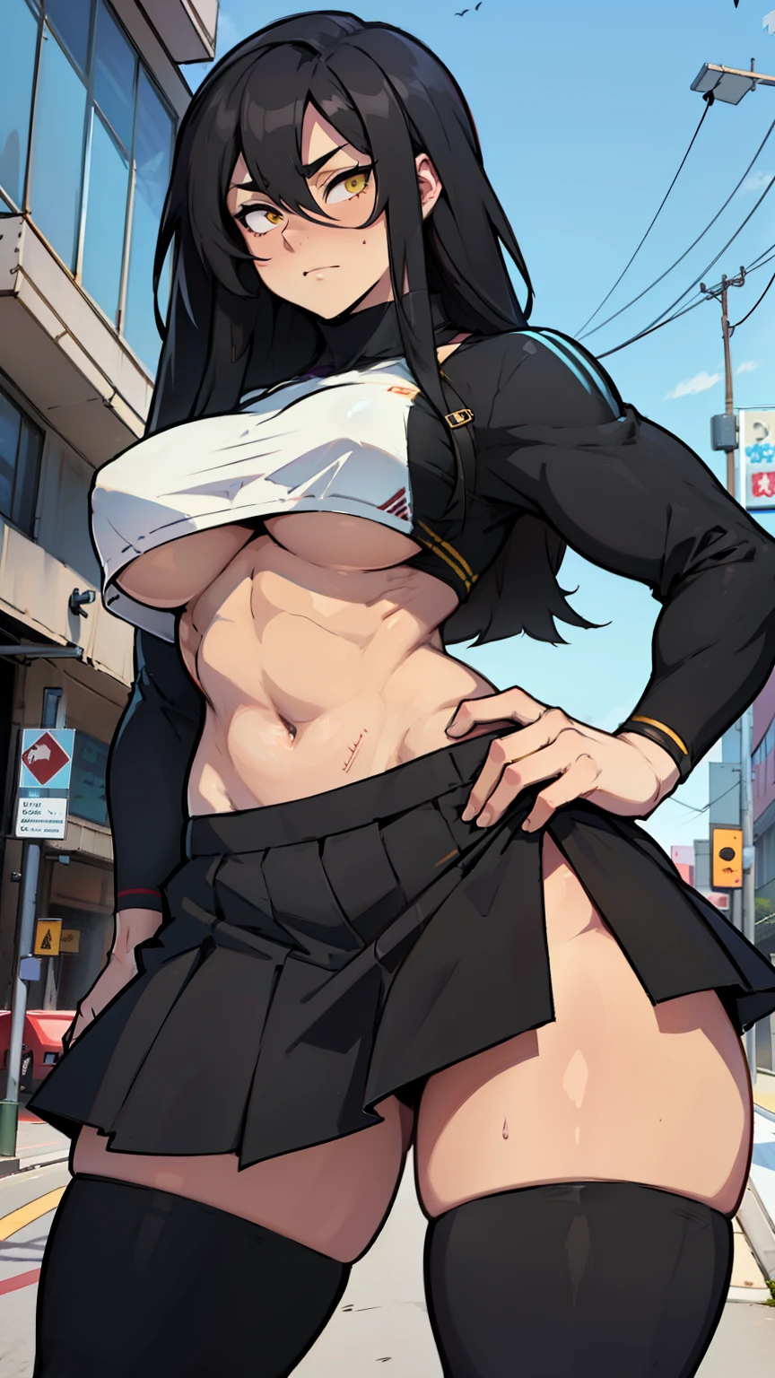 ((muscular)) girl thick thighs large breasts pale skin black hair yellow eyes sad expressionless midriff underboob skirt thigh highs long hair hair between eyes